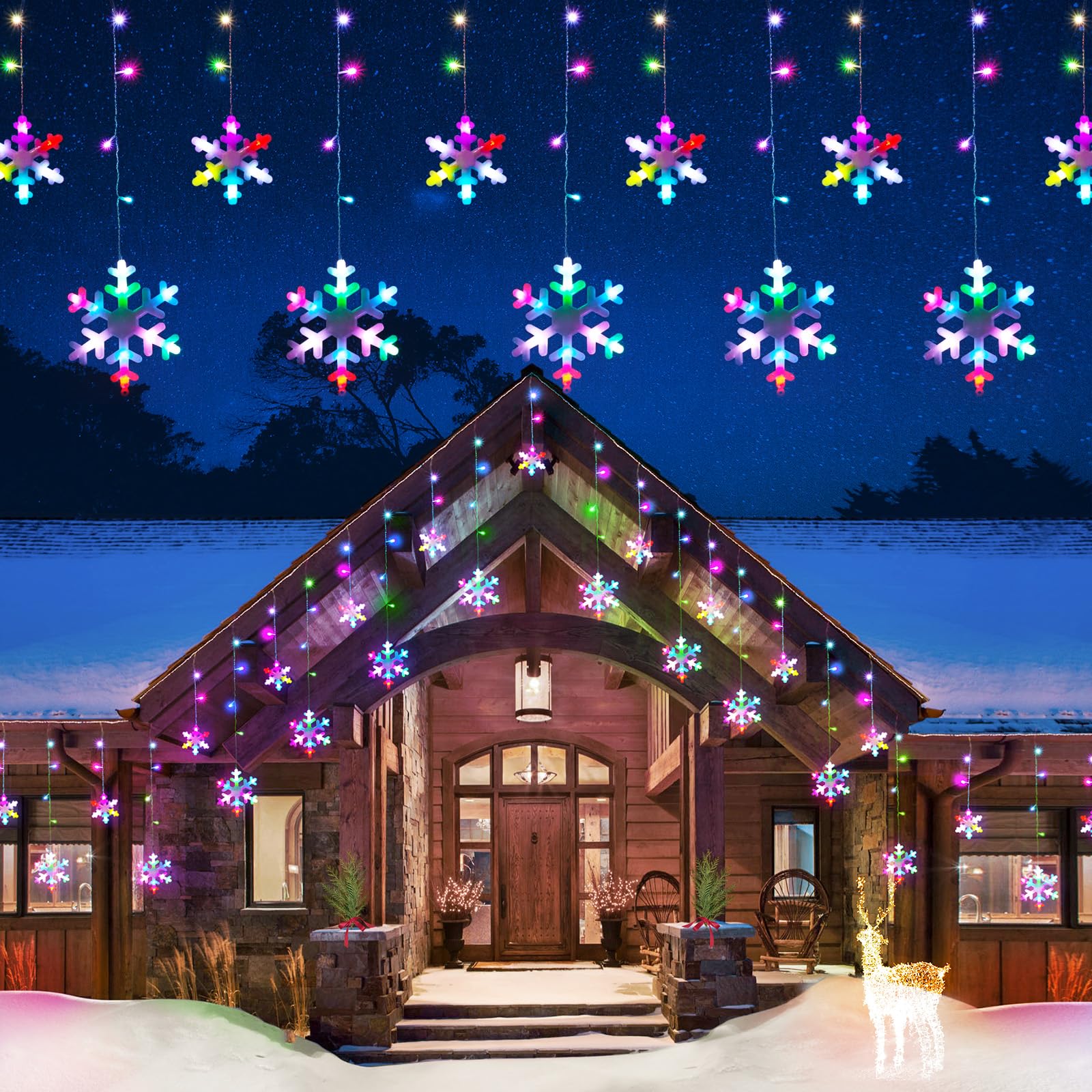 Waterproof Outdoor LED Snowflake Icicle Christmas Lights - 11.48ft String with 14 Drops for Eaves, Windows & Curtain Decorations | Perfect for Holiday Home, Garden, and Christmas Tree Decorating