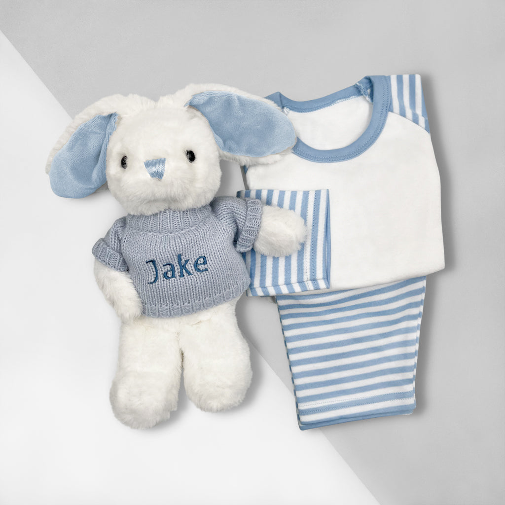 Personalized Little Bunny Baby Bathrobe & Bedtime Hamper Set - Blue for 6-12 Months - Perfect for Bath Time, Bedtime & Newborn Photo Shoots