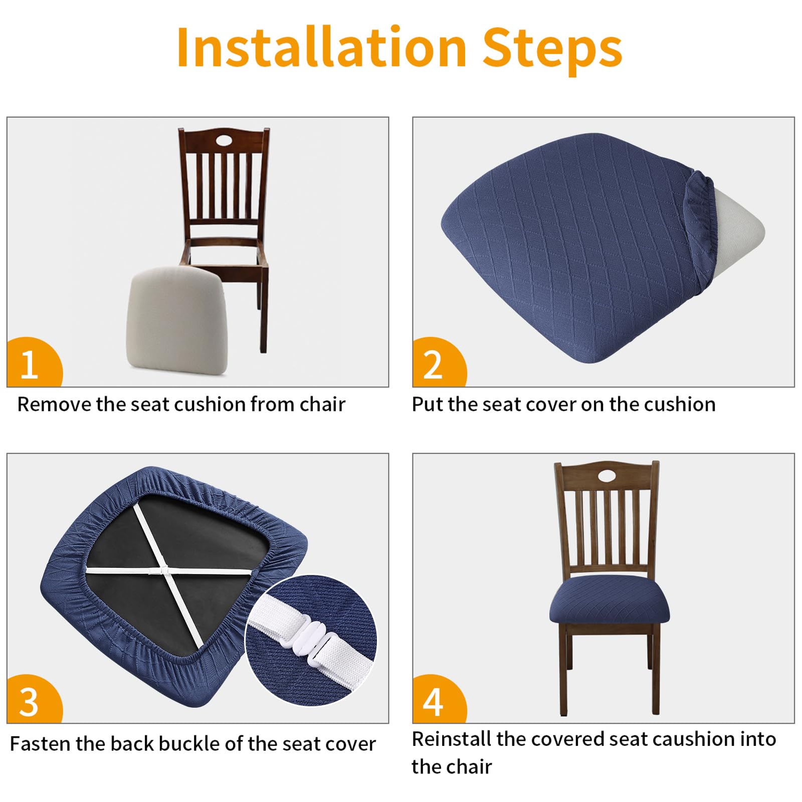 Stretch Chair Seat Covers 4-Piece Set - Washable & Removable Dining Chair Slipcovers - Anti-Dust Seat Cushion Covers for Kitchen, Dining Room, Office - Navy Blue (4 Pack)