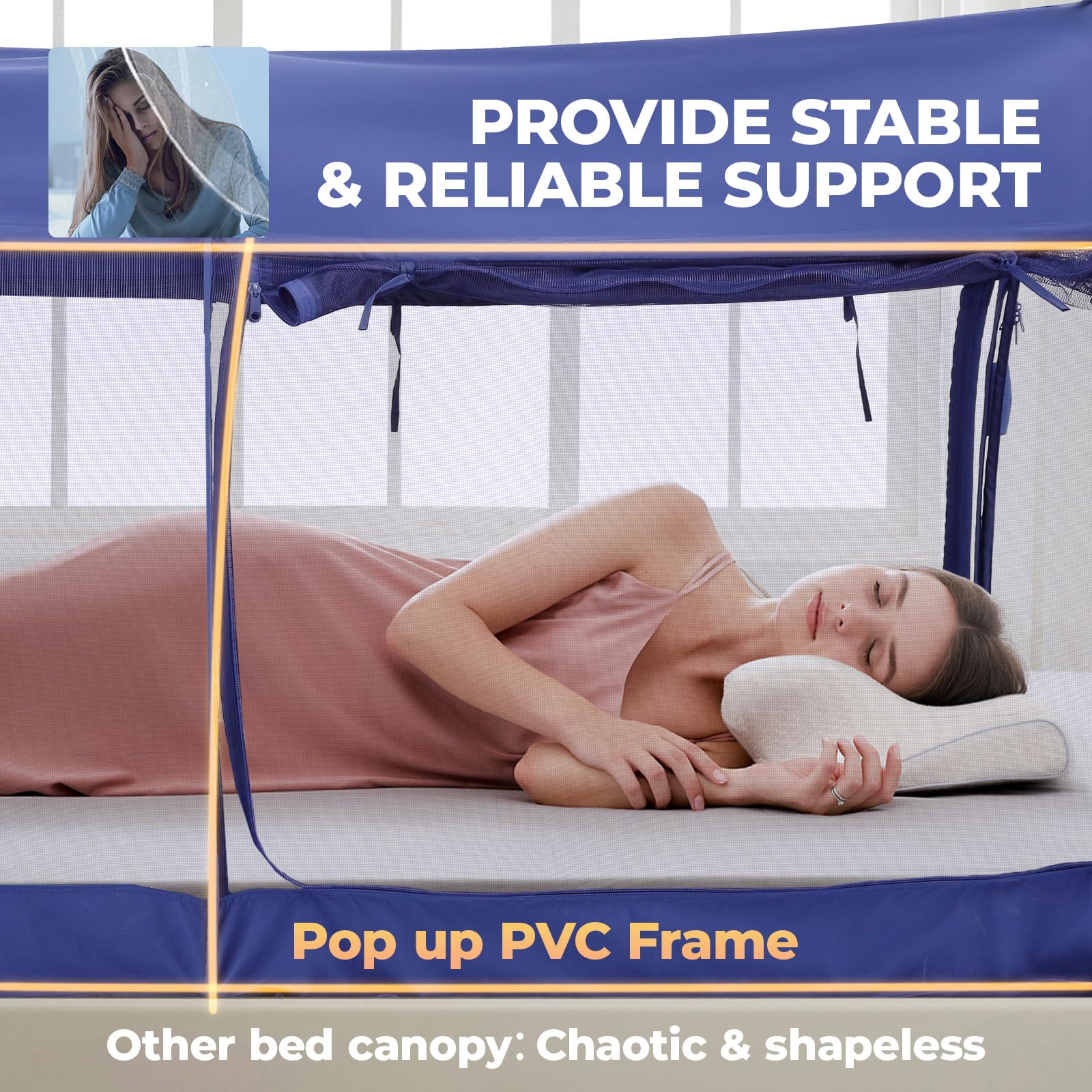 Alvantor Full Size Mosquito Net Bed Canopy - Breathable Pop Up Bed Tent for Indoor Use, Portable Privacy Sleeping Space with Frame, Navy Blue (Mattress Not Included) - Perfect for Camping, Travel, Dorm Rooms & Home Privacy Protection