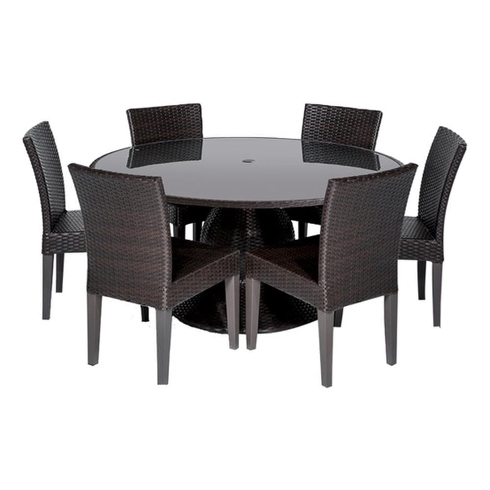 TK Classics BARBADOS-60-KIT-6 60-Inch Outdoor Wicker Dining Set with 6 Armless Chairs, Espresso Brown - Perfect for Patio, Garden, and Poolside Entertaining