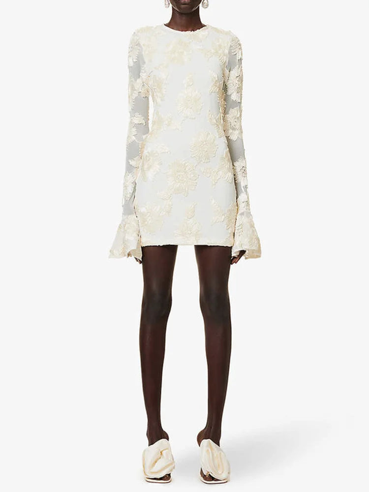 Sexy Backless Mini Dress for Women - Round Neck, Flare Sleeve, High Waist Patchwork Jacquard A-Line Dress | Perfect for Date Night, Club Outfits & Summer Parties