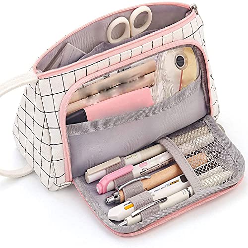 Canvas Pencil Case for Students - Large Capacity School Pencil Bag with Handle, Stationery Organizer & Makeup Pouch for Teens (Boys & Girls) - Perfect for School, College, Office & Travel Supplies