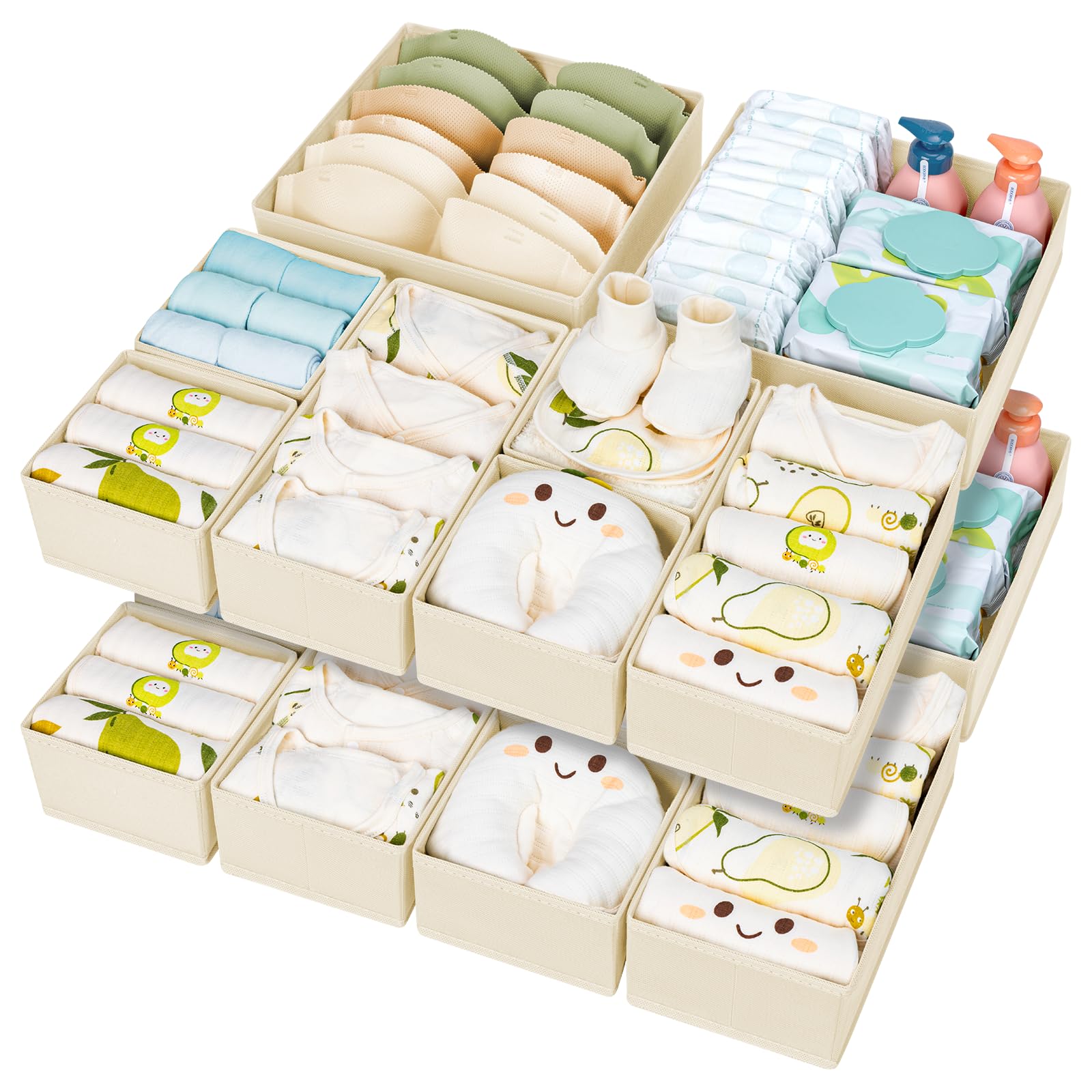 15-Pack DIMJ Foldable Drawer Organizers for Clothes - Baby Dresser Dividers & Storage Organizers for Underwear, Socks, Bras, Belts, Ties | Perfect for Bedroom, Closet & Nursery Organization (Beige)