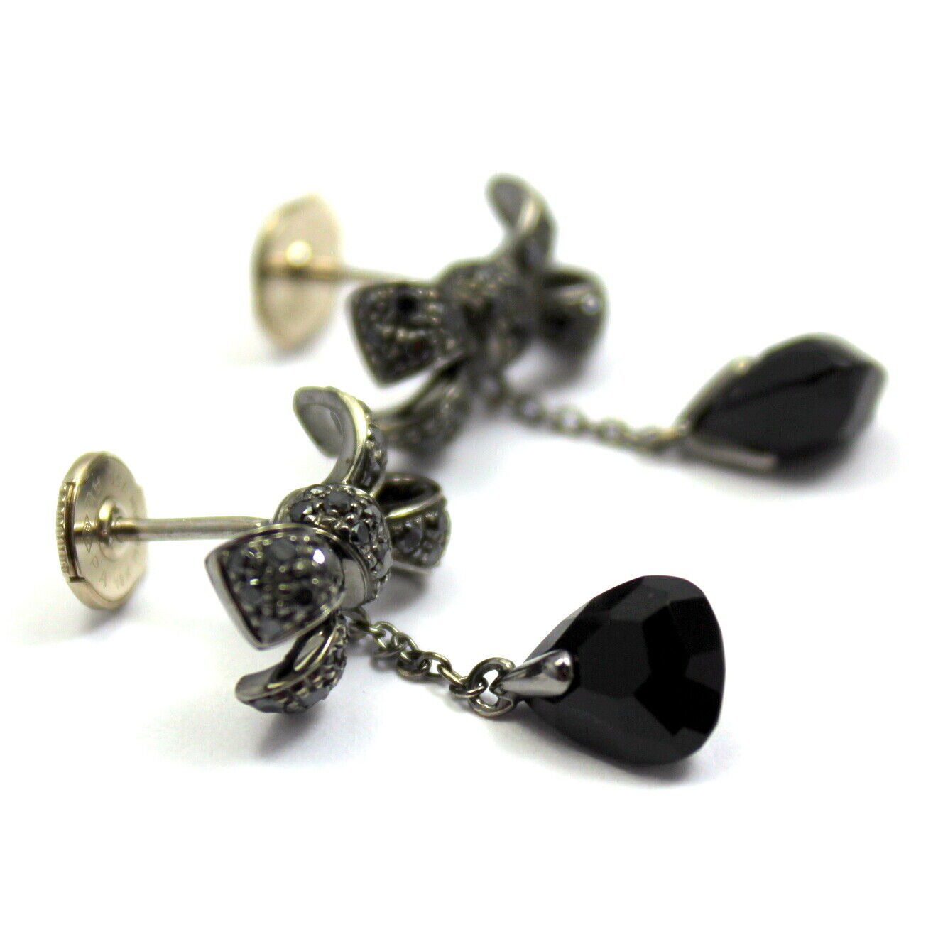 Authentic Pomellato 18k White Gold Black Diamond Onyx Drop Bow Earrings - Luxury Italian Jewelry for Women, Perfect for Weddings, Parties & Special Occasions