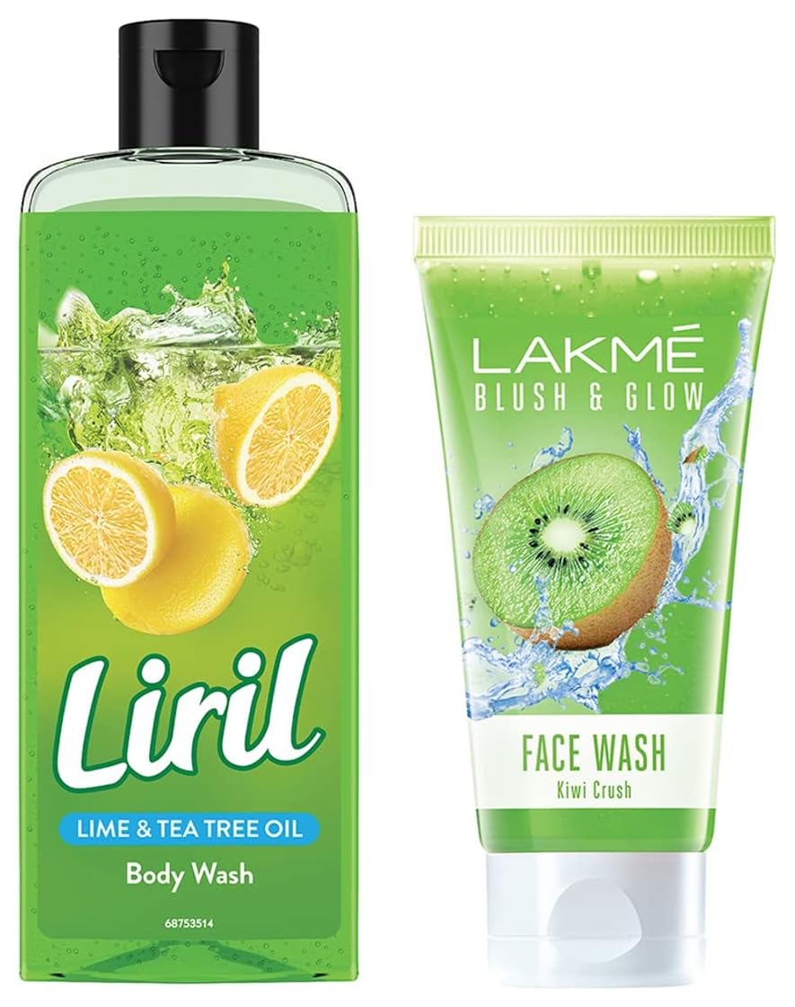 LAKMÉ Blush & Glow Kiwi Freshness Gel Face Wash with Kiwi Extracts, 100g & Liril Lemon Tea Tree Oil Body Wash, 250ml - Gentle Cleansing for Glowing Skin & Refreshing Body Wash for Daily Use - Perfect for Morning Routine & Post-Workout Shower