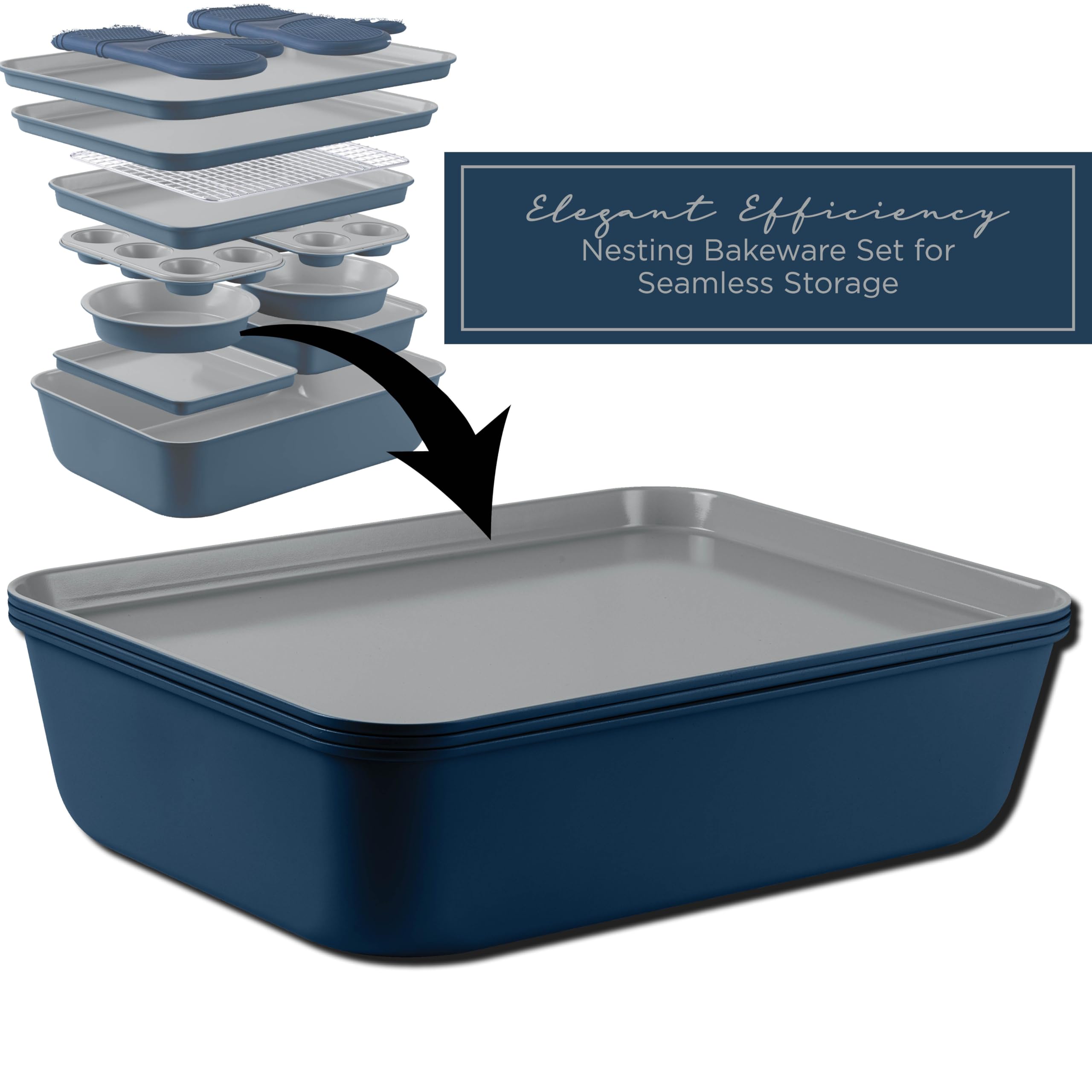Nonstick Stackable Bakeware Set - 13-Piece Durable & Easy Release Country Kitchen Baking Pans in Denim Blue - Perfect for Cakes, Cookies, and Family Dinners