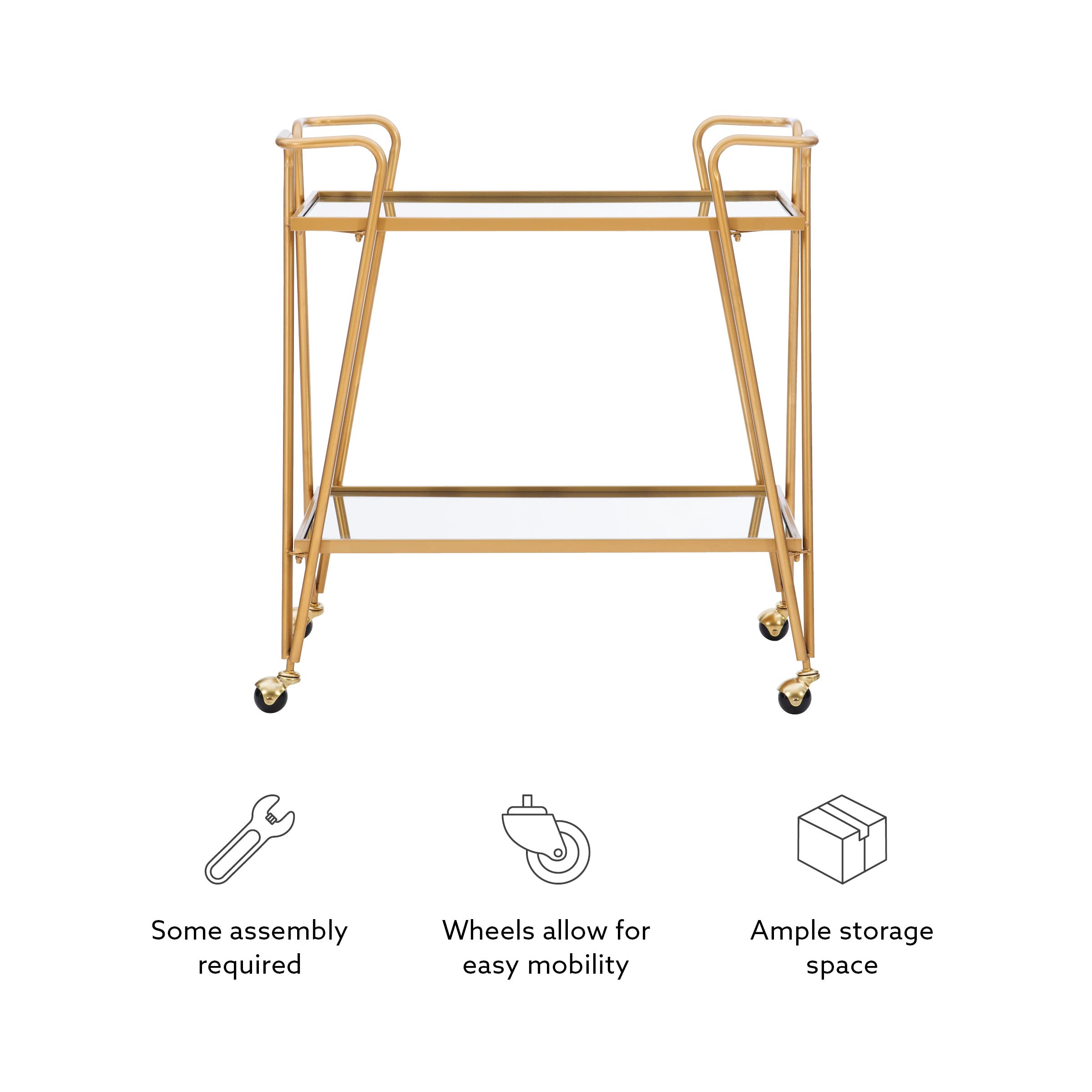 Linon Gina Mid-Century Bar Cart with Wheels - Gold Metal Rolling Drink Cart for Home Bar, Living Room, Kitchen & Outdoor Entertaining