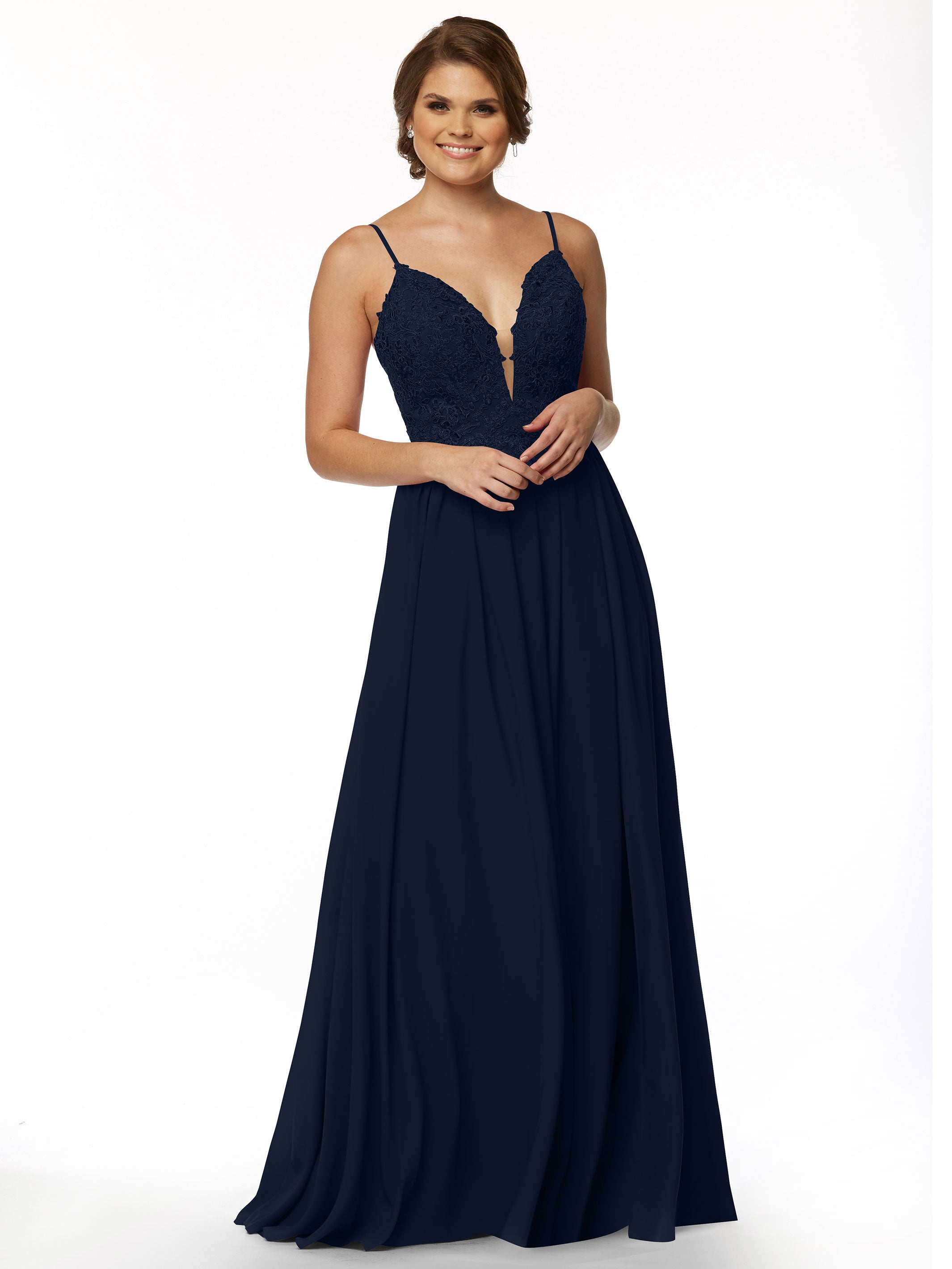 Elegant A-Line Stretch Chiffon Bridesmaid Dress with Lace Bodice & High Slit - Perfect for Weddings, Proms & Formal Events