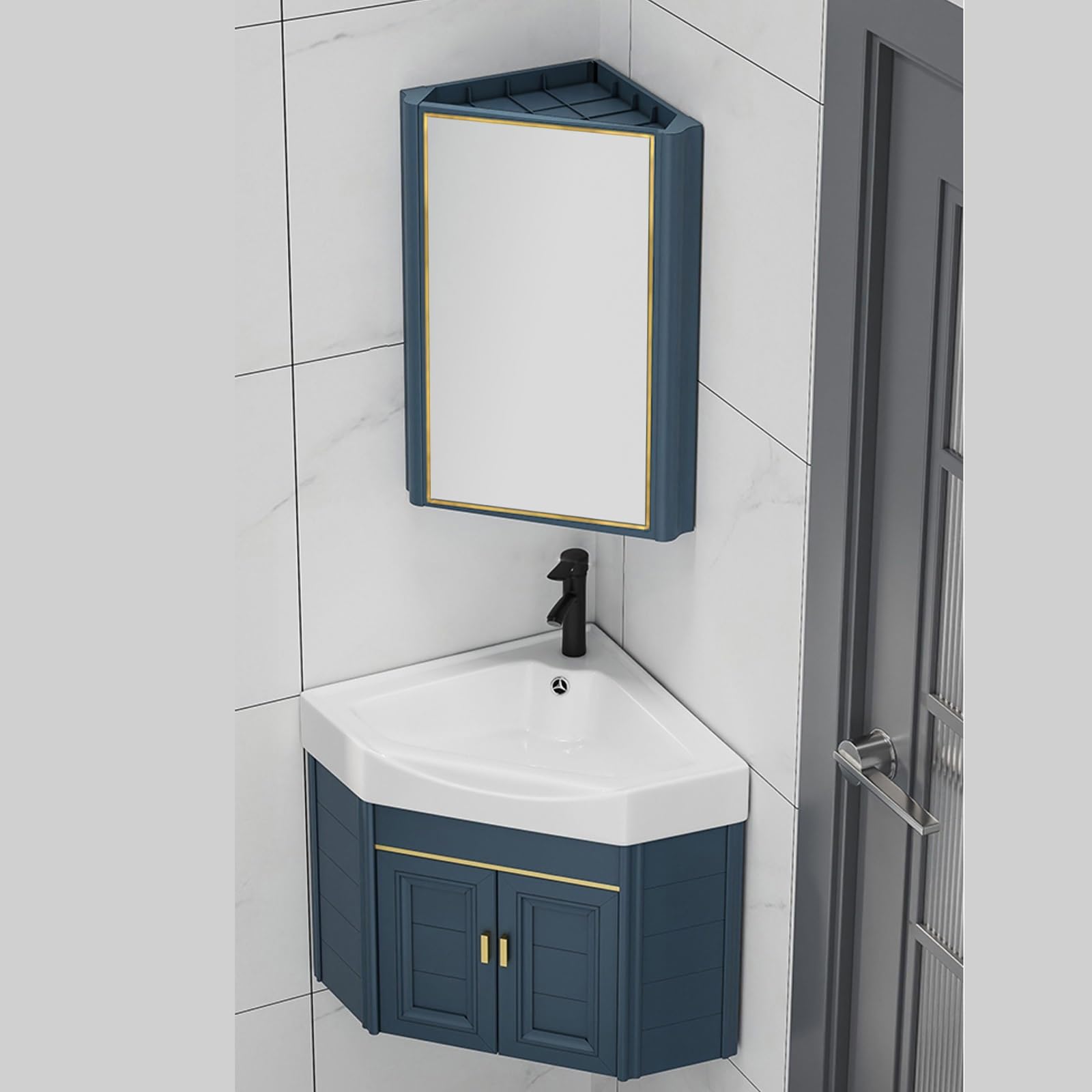 Wall Mounted Corner Bathroom Vanity Sink Cabinet with Mirror & Storage - 19 Inch Space Saving Design for Small Bathrooms, Powder Rooms & Apartments