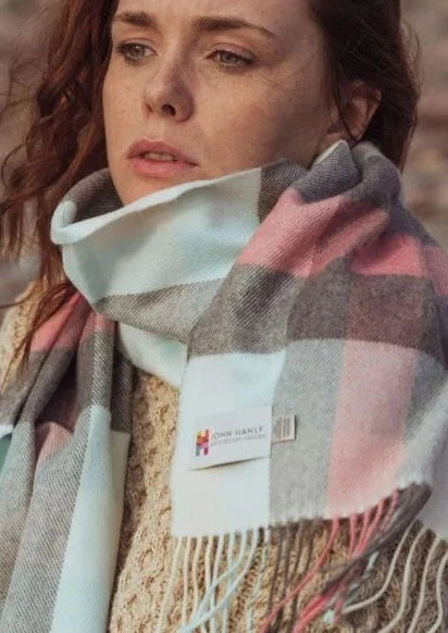 John Hanly Merino Wool Scarf - Soft & Warm Pink Aqua Checkered Pattern for Women & Men | Perfect for Winter, Outdoor Activities & Fashion Accessories