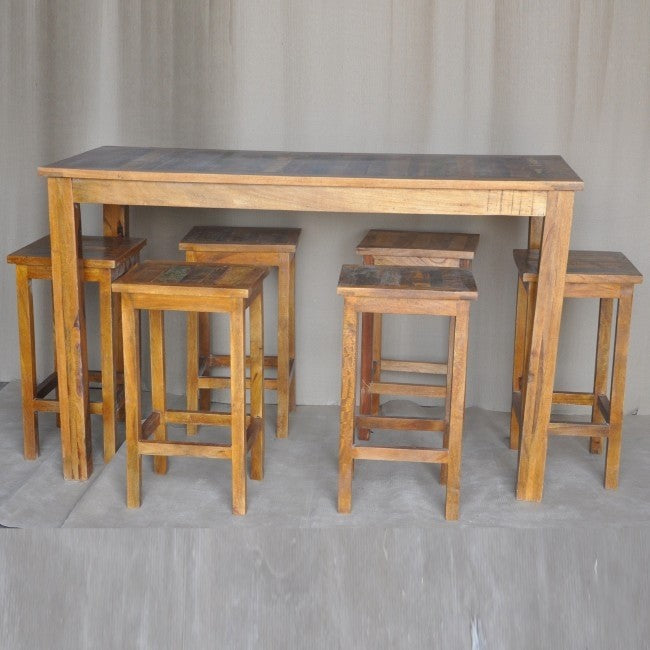 Reclaimed Wood & Mango Wood Bar Set with Table and 4 Stools - Rustic Natural Finish - Perfect for Home Bar, Kitchen Island, or Outdoor Patio Entertainment