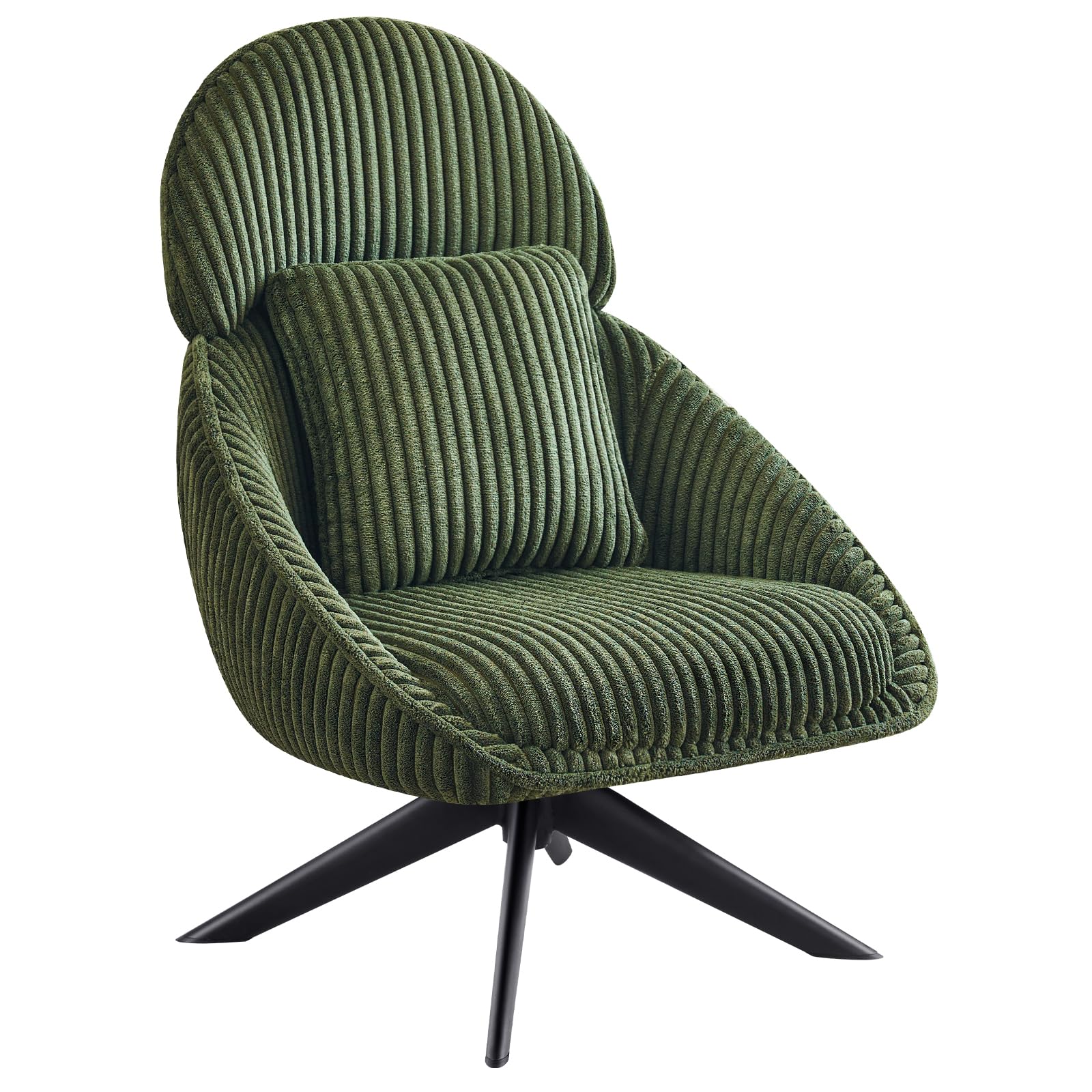 Furniliving Modern Upholstered Swivel Accent Chair - Green Corduroy Armchair with Headrest & Metal Legs for Living Room, Bedroom, Office | Comfortable Lounge Chair with Pillow for Relaxing, Reading & Entertaining