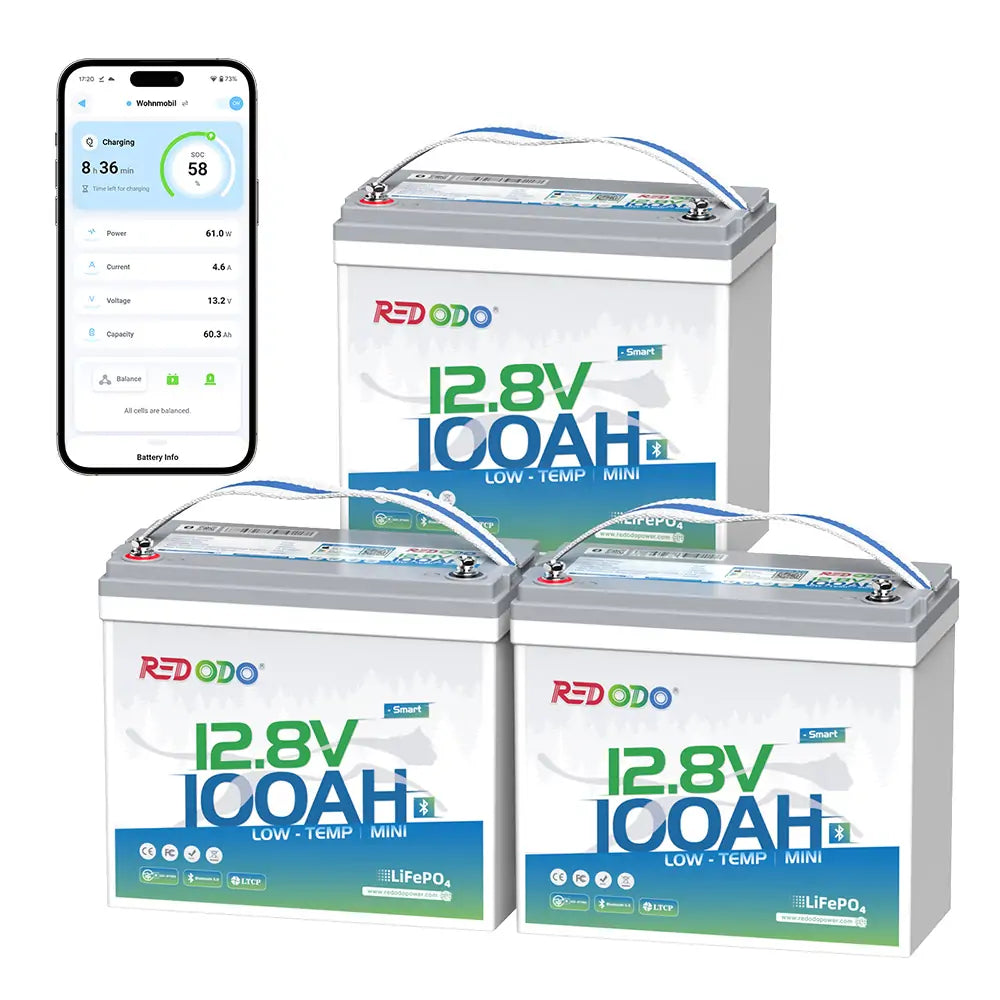 Redodo 12V 100Ah Mini Bluetooth LiFePO4 Battery - Deep Cycle Lithium Battery for RV, Marine, Solar Power - Perfect for Off-Grid Living, Camping & Backup Power