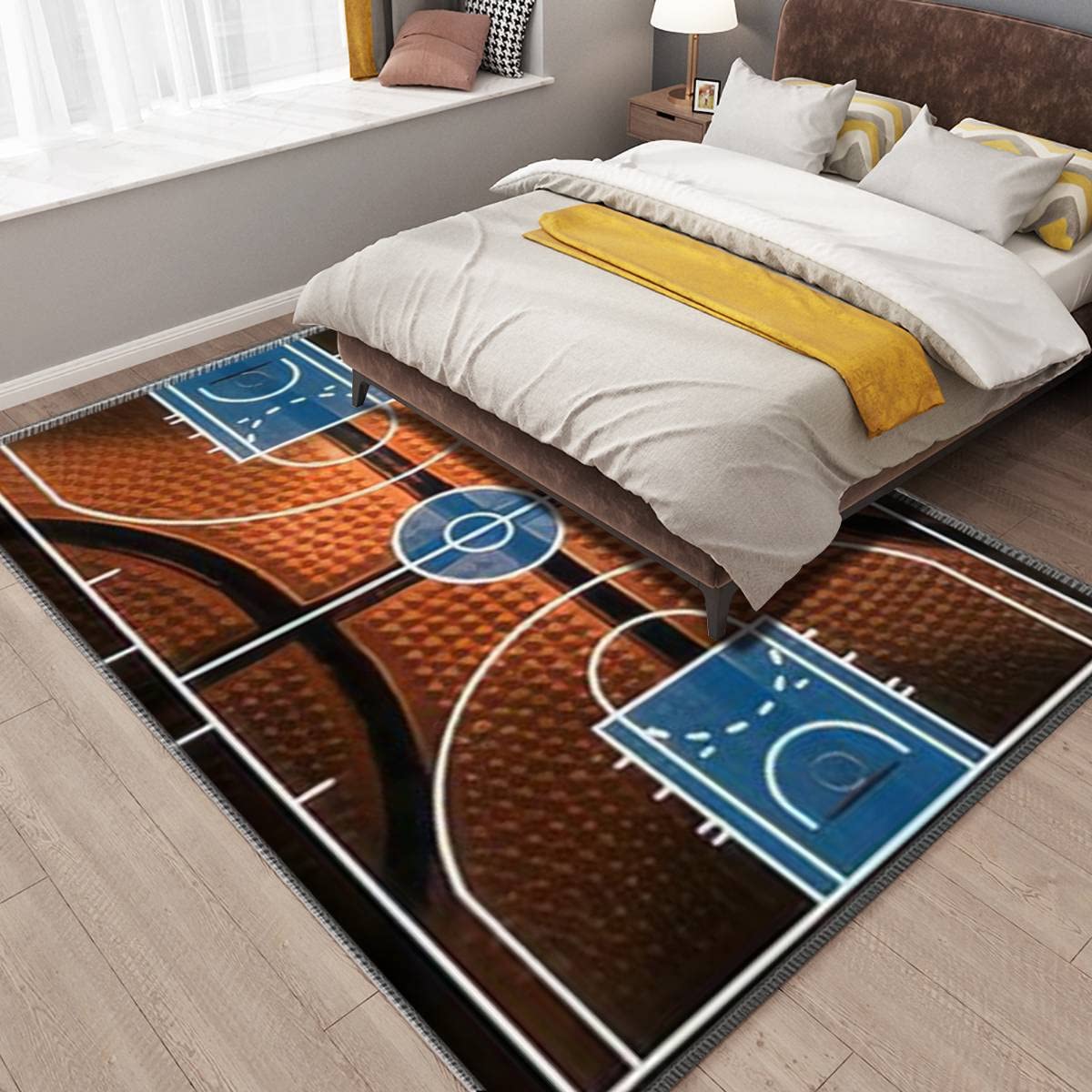 Black and Orange Basketball Court Area Rug - Non-Slip Game Room Mat for Boys Bedroom, Living Room Decor - Perfect for Sports Fans, Gamers & Modern Home Flooring