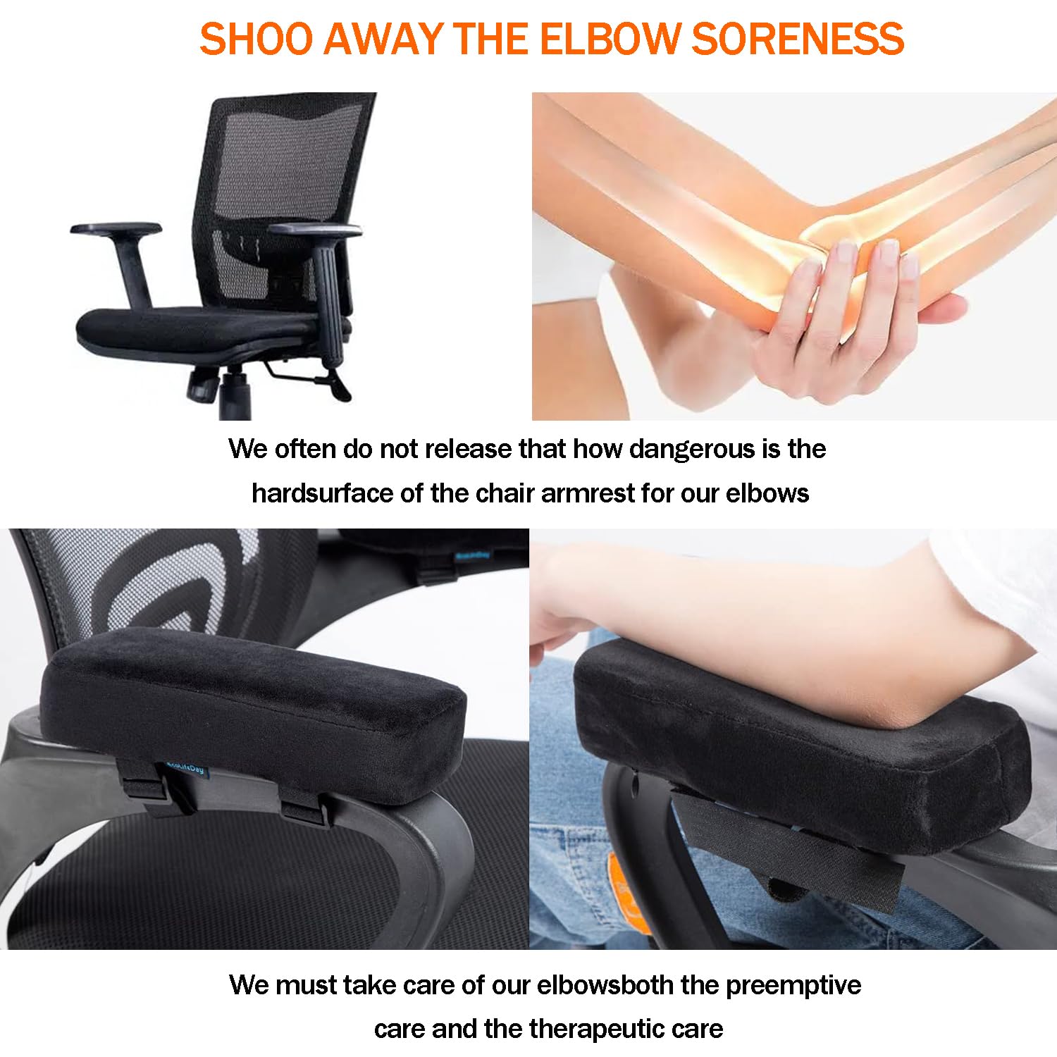 Memory Foam Armrest Covers for Office & Gaming Chairs - Pressure Relief Arm Chair Cushions, Set of 2 (Black) - Perfect for Home Office, Workstation & Long Computer Sessions