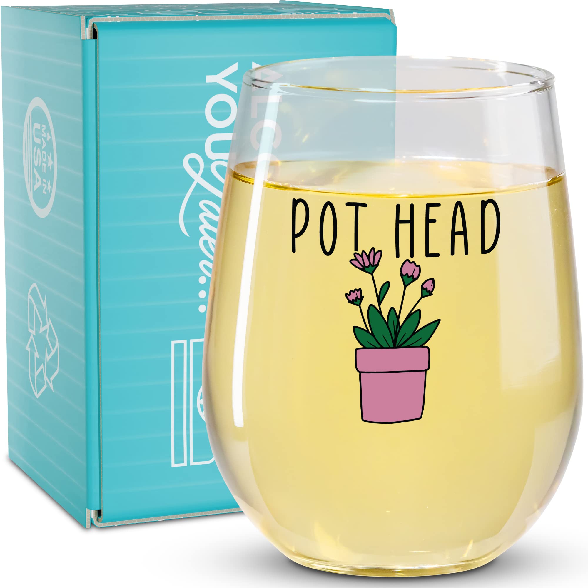 On The Rox Funny Wine Glass Gift - 17 Oz Stemless Wine Glass (Pot Head Design) | Perfect for Stoner Gifts, 420 Parties & Cannabis Enthusiasts | Unique Novelty Drinking Cup for Adults
