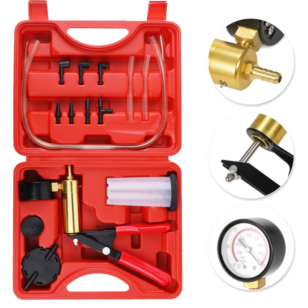 17-Piece Professional Handheld Car Vacuum Pump & Brake Bleeder Kit - 2-in-1 Automotive Fluid Tester with Reservoir for Brake Bleeding & Vacuum Testing | Perfect for DIY Mechanics & Auto Repair Shops