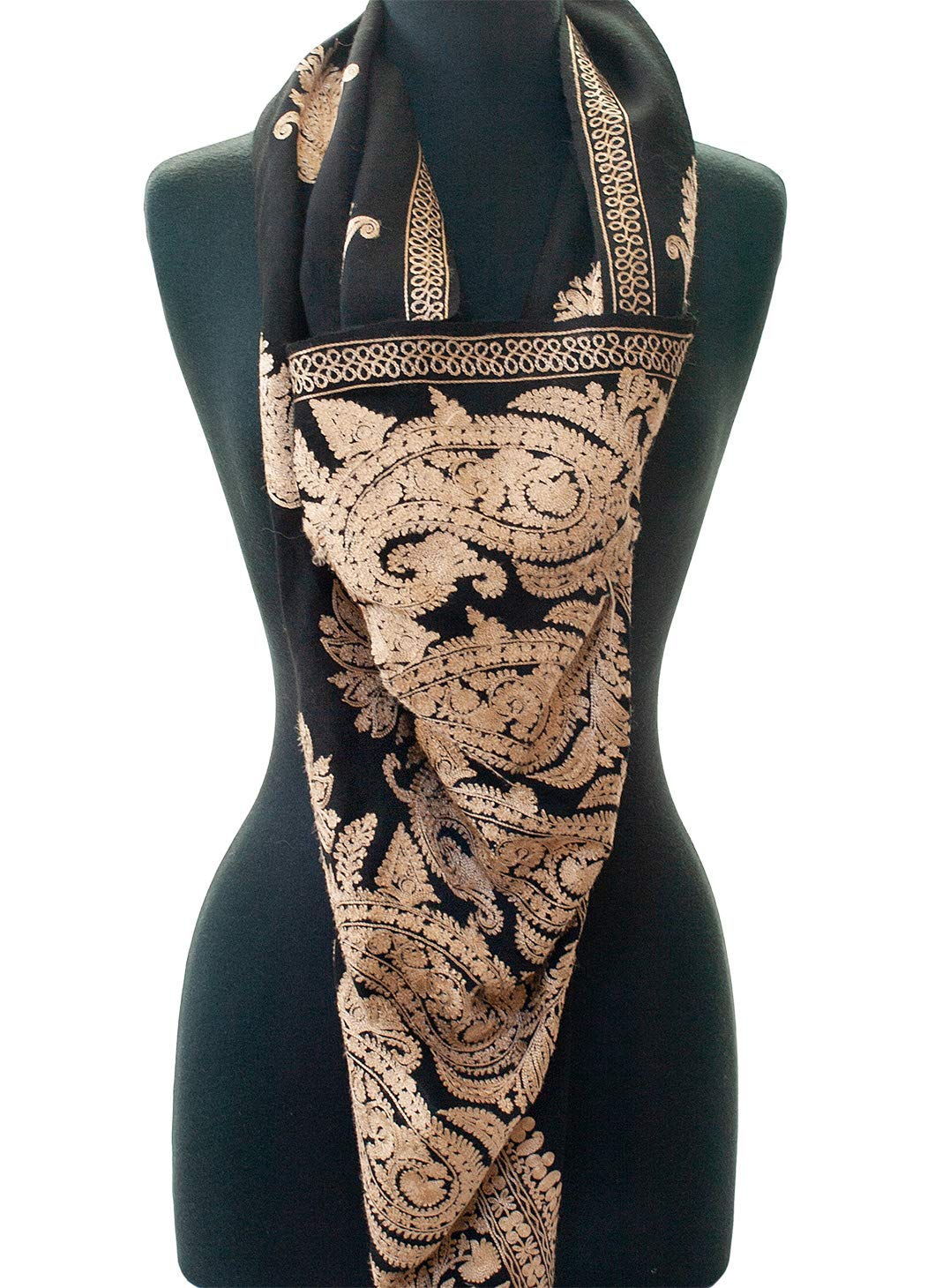 Elegant Black Crewel Embroidered Wool Shawl with Dense Gold Floral Paisley Design - 80x28 Inch Warm Winter Stole Wrap for Women, Perfect for Weddings, Parties & Cold Weather Fashion