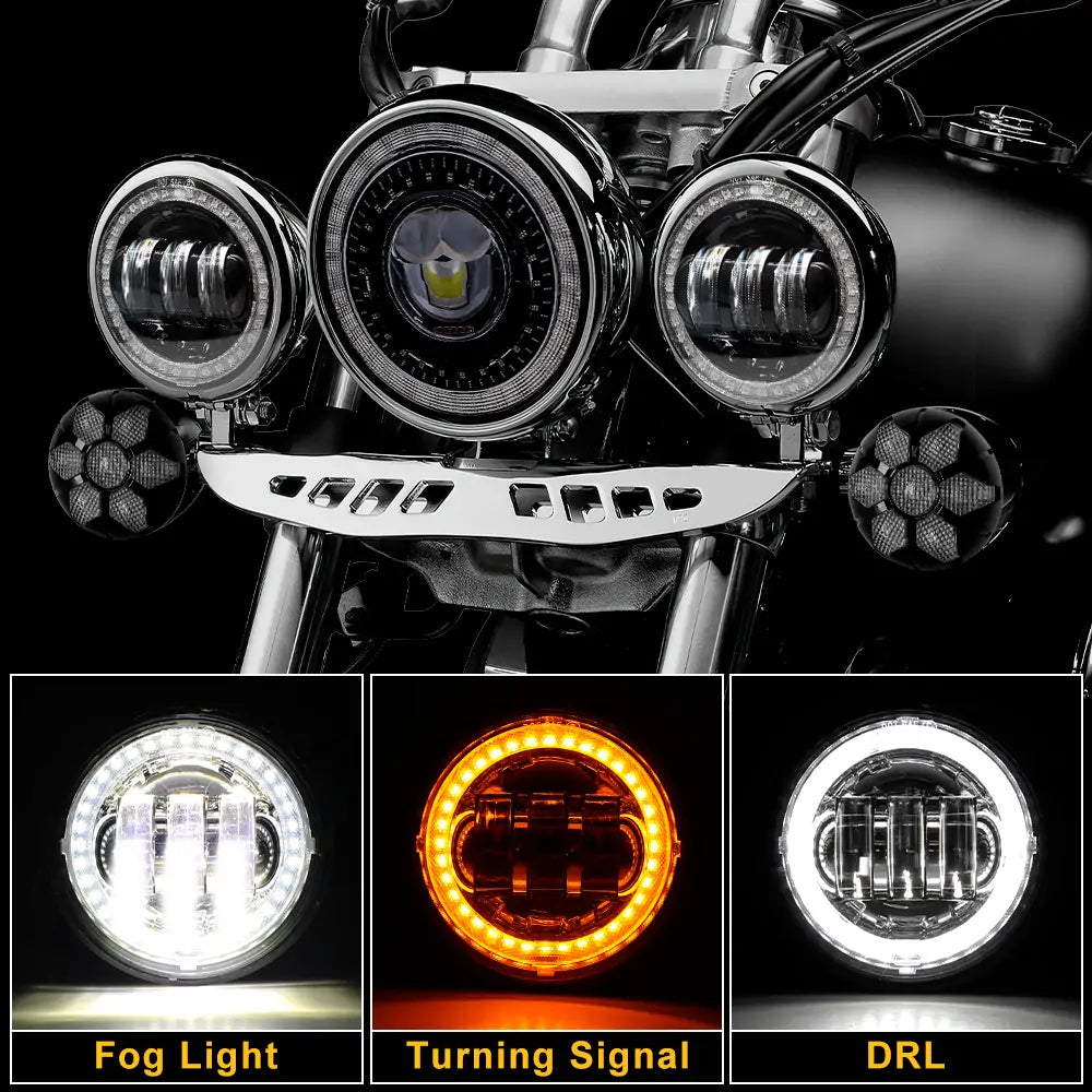 LOYO 4.5 Inch Round LED Fog Lights with White DRL & Amber Turn Signal Halo - Compatible with Harley Davidson Motorcycles - Perfect for Night Riding and Enhanced Visibility