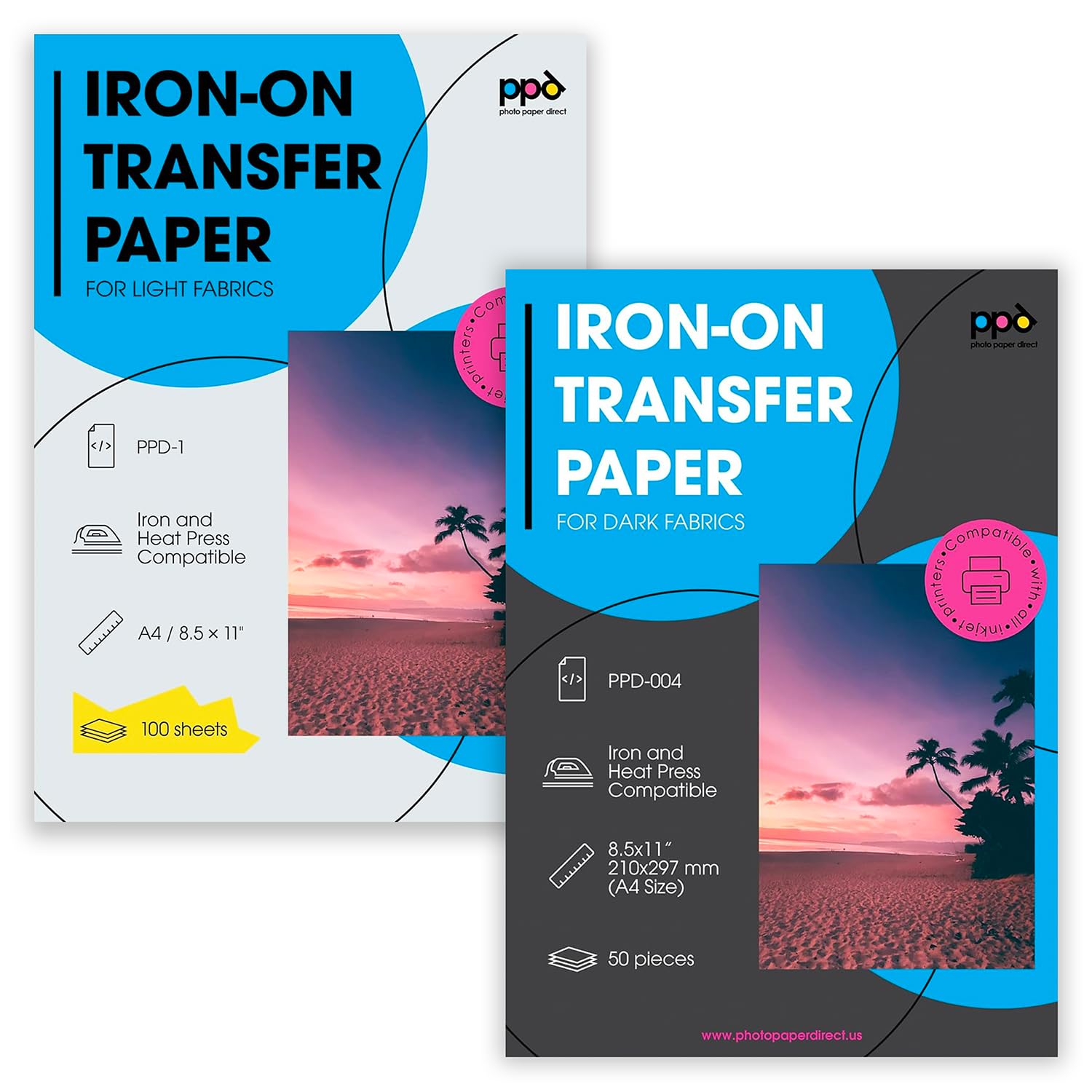 Premium PPD Inkjet Iron-On T-Shirt Transfer Paper Bundle - 8.5x11 Inches (100 Sheets Light/White + 50 Sheets Dark/Black) for DIY Custom Apparel, Personalized Gifts & Craft Projects