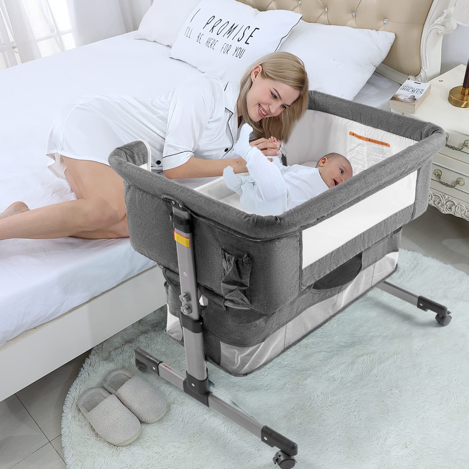 3-in-1 Adjustable Portable Baby Bassinet & Bedside Sleeper Crib with Breathable Mesh - Convertible Travel Crib for Newborns & Infants (Deep Grey) | Perfect for Nursery, Bedside Co-Sleeping & Family Travel