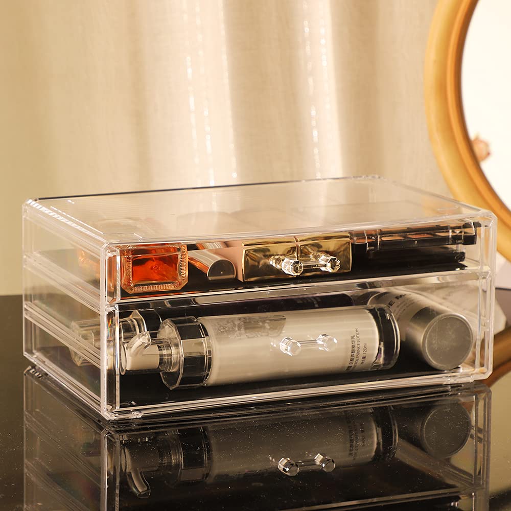 4 Pack Clear Acrylic Skincare Organizer - Stackable 7 Drawer Makeup Storage for Vanity | Cosmetic Organizer for Jewelry, Hair Clips & Beauty Products | Perfect for Bathroom Counter, Dressing Table & Bedroom Decor