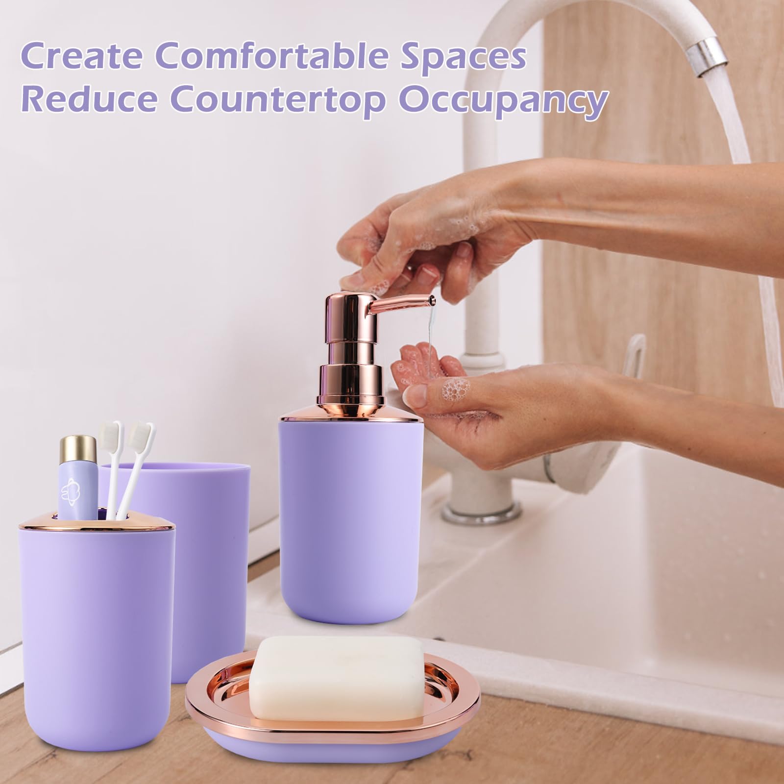 **9-Piece Purple Bathroom Accessories Set - Trash Can, Soap Dispenser, Soap Dish, Toilet Brush with Holder, Toothbrush Holder, Tumbler Cup, Tray & Q-Tip Holders - Perfect for Modern Bathroom Decor & Organization**