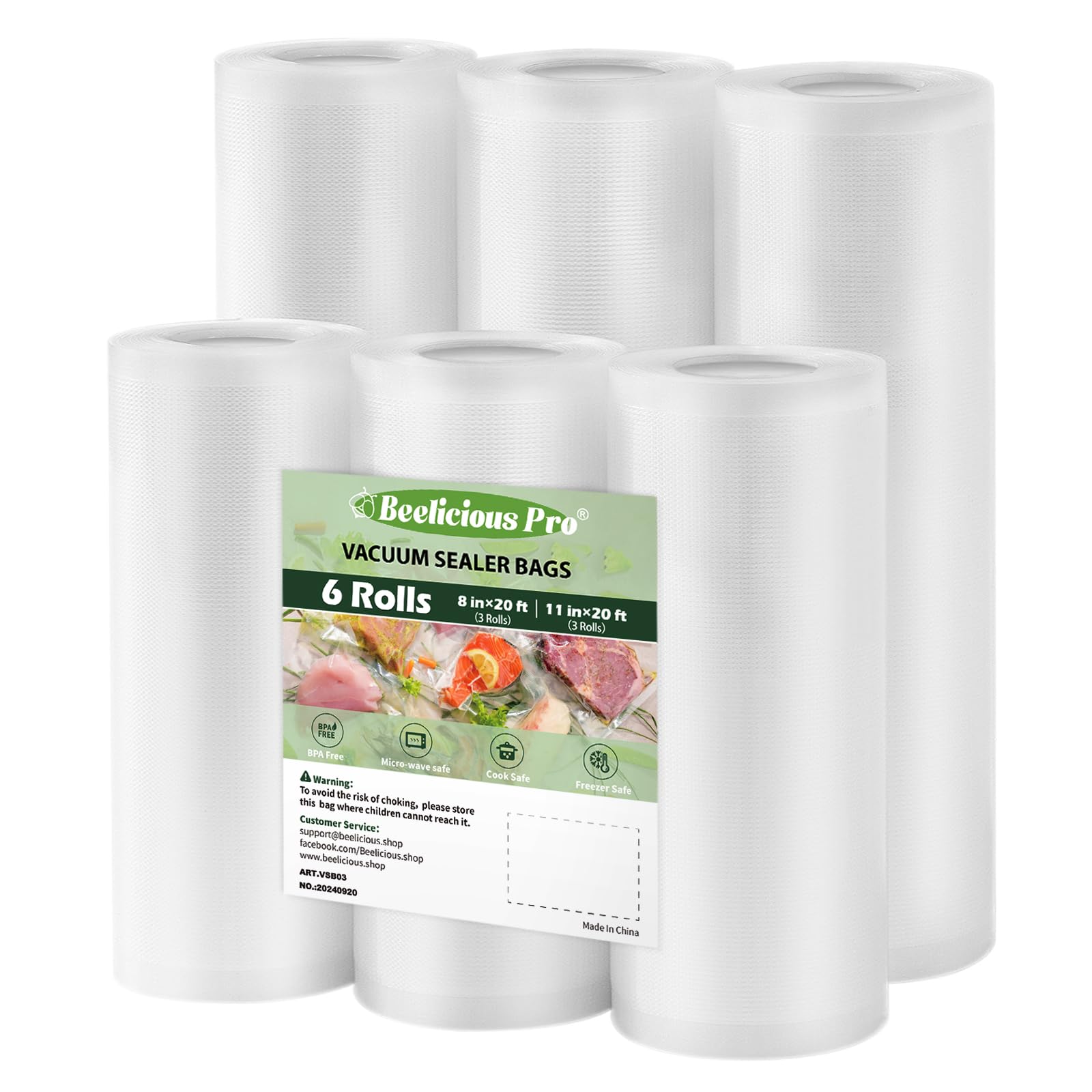 BPA-Free Vacuum Sealer Bags Rolls for Food Storage - 6 Pack (3 Rolls 11