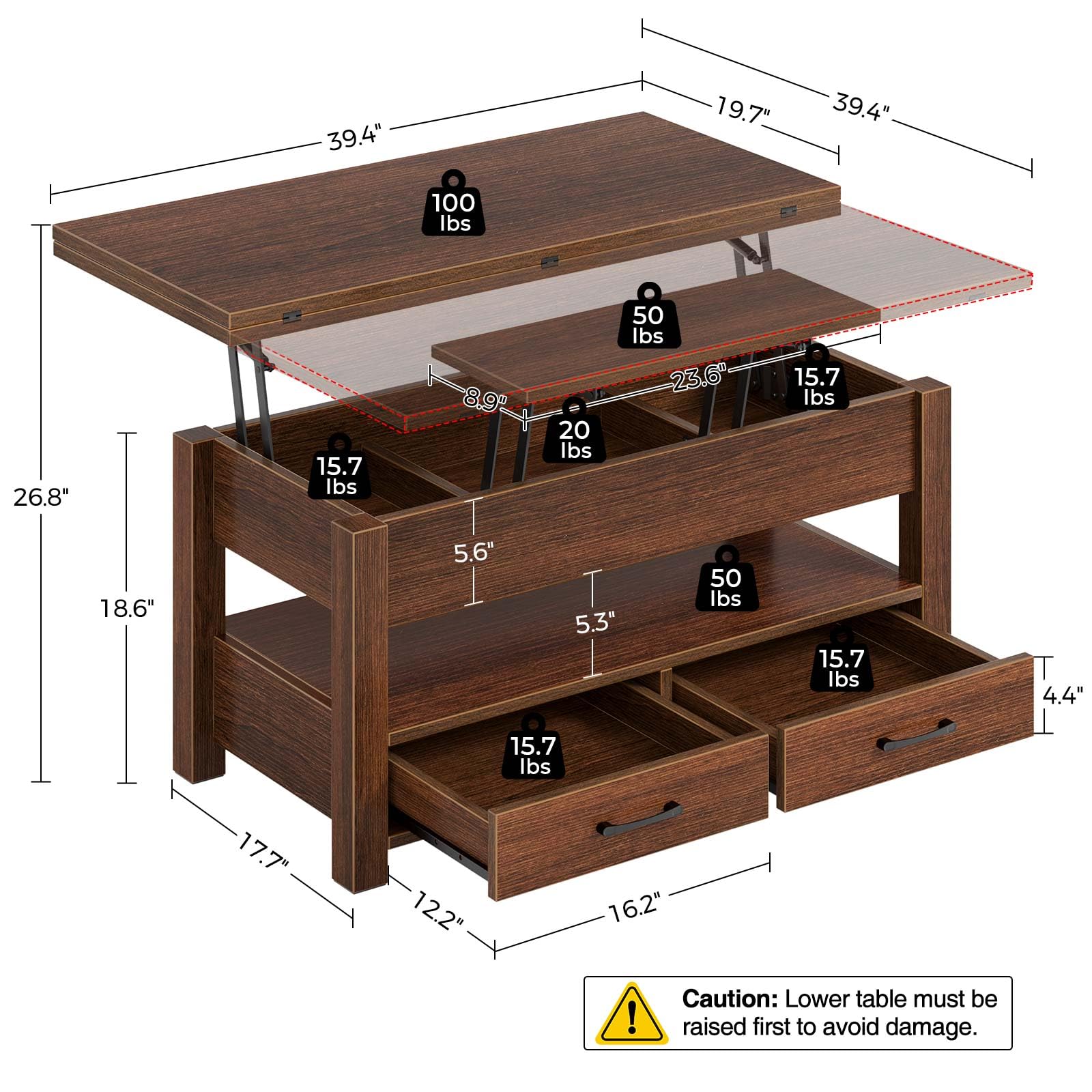 Rolanstar Lift Top Coffee Table with Drawers - Convertible Espresso Coffee to Dining Table, Multi-Function Living Room Furniture with Hidden Storage Compartment | Perfect for Small Spaces, Home Office & Entertaining Guests