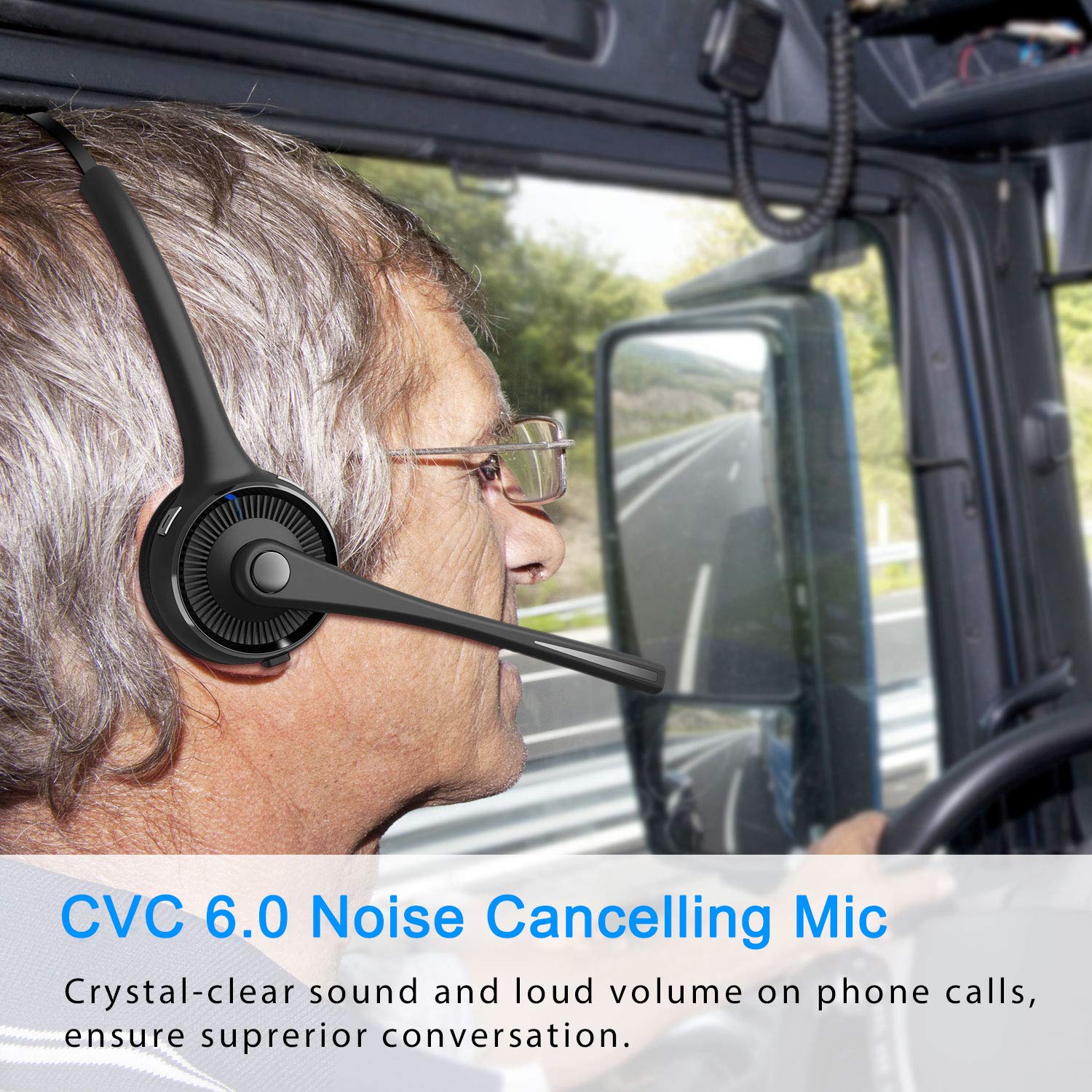 Wireless Bluetooth Headset V5.0 with Noise Cancelling Microphone - Trucker Headset with Charging Base for iPhone & Samsung Phones - Perfect for Driving, Call Centers & Office Work