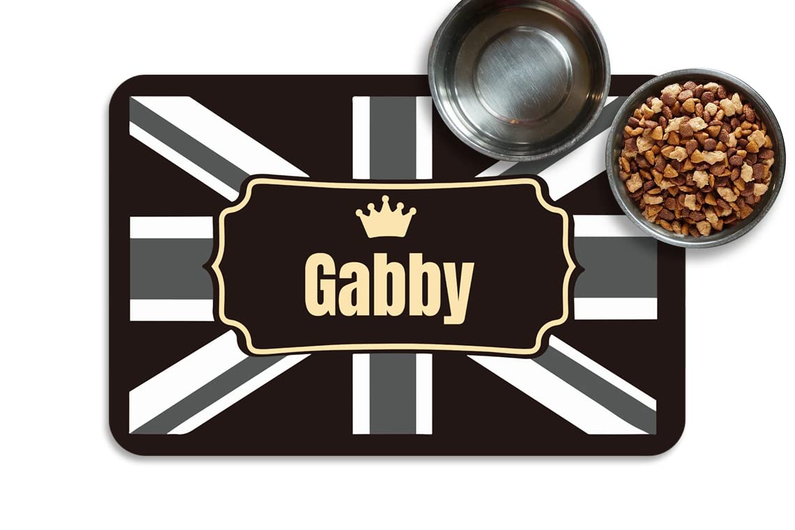 Custom Non-Slip Waterproof Pet Food Mat - Personalized Dog & Cat Feeding Mat with PU Base, Black & Gold Design - Perfect for Kitchen Floors, Feeding Areas & Messy Eaters (England, Size A2)