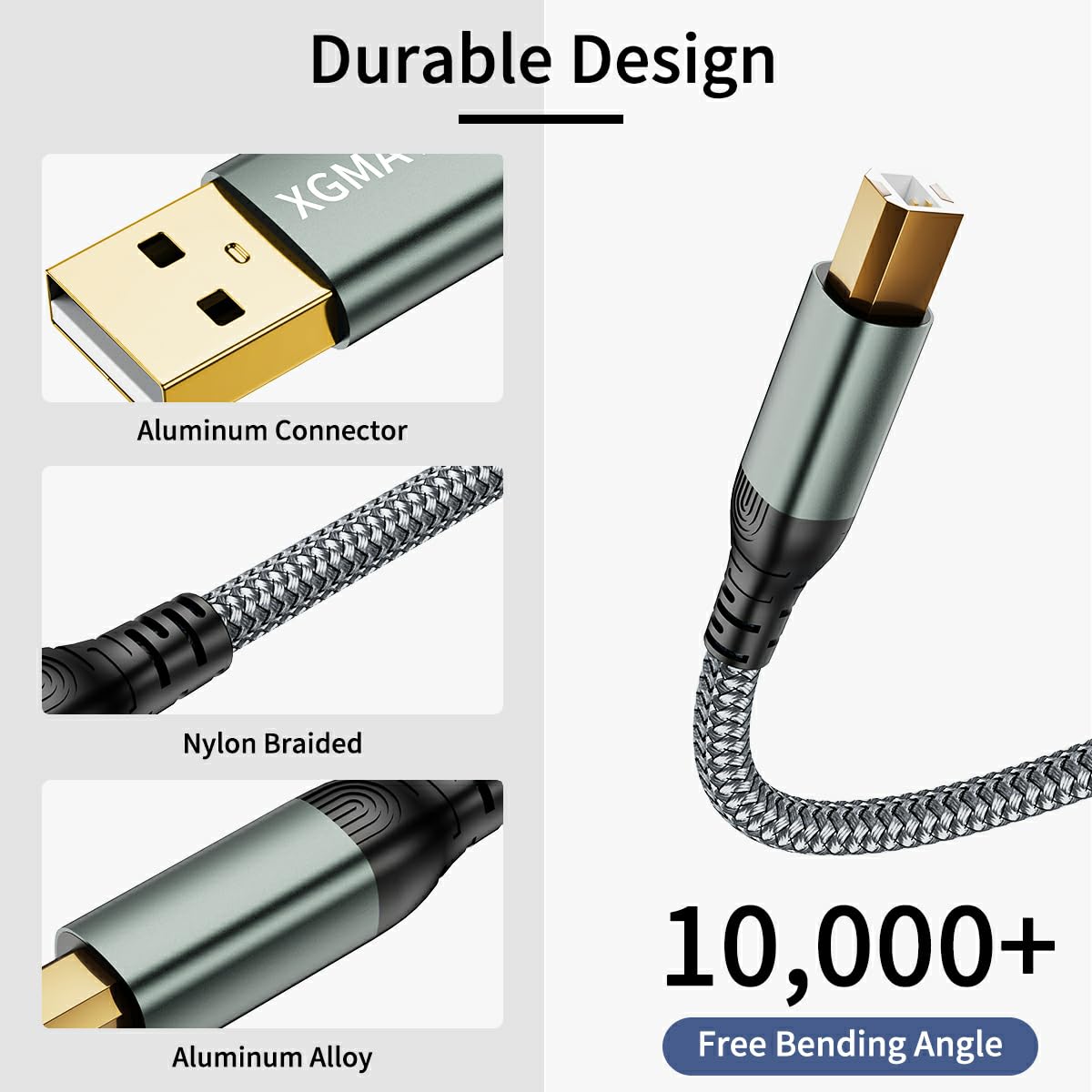 Premium 10ft USB 2.0 A to B Printer Cable - High-Speed Nylon Braided Scanner Cord for HP/Canon/Dell/Epson/Brother/Xerox/Samsung Printers - Durable Grey Cable for Home Office & Studio Use