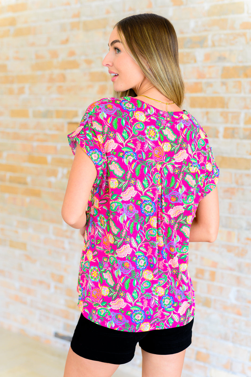 Lizzy Cap Sleeve Top - Fuchsia & Green Floral Paisley Print Women's Blouse | Perfect for Summer Outfits, Casual Wear & Boho Fashion