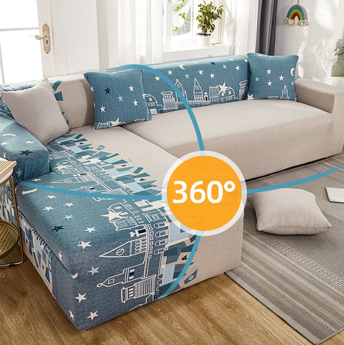 YOPOIY Stretch L-Shaped Sofa Cover - Soft Spandex Non-Slip Sectional Couch Slipcover with Latest Print Design (Fits 2-Seater + 3-Seater) - Perfect for Living Room, Family Room & Summer Home Decor