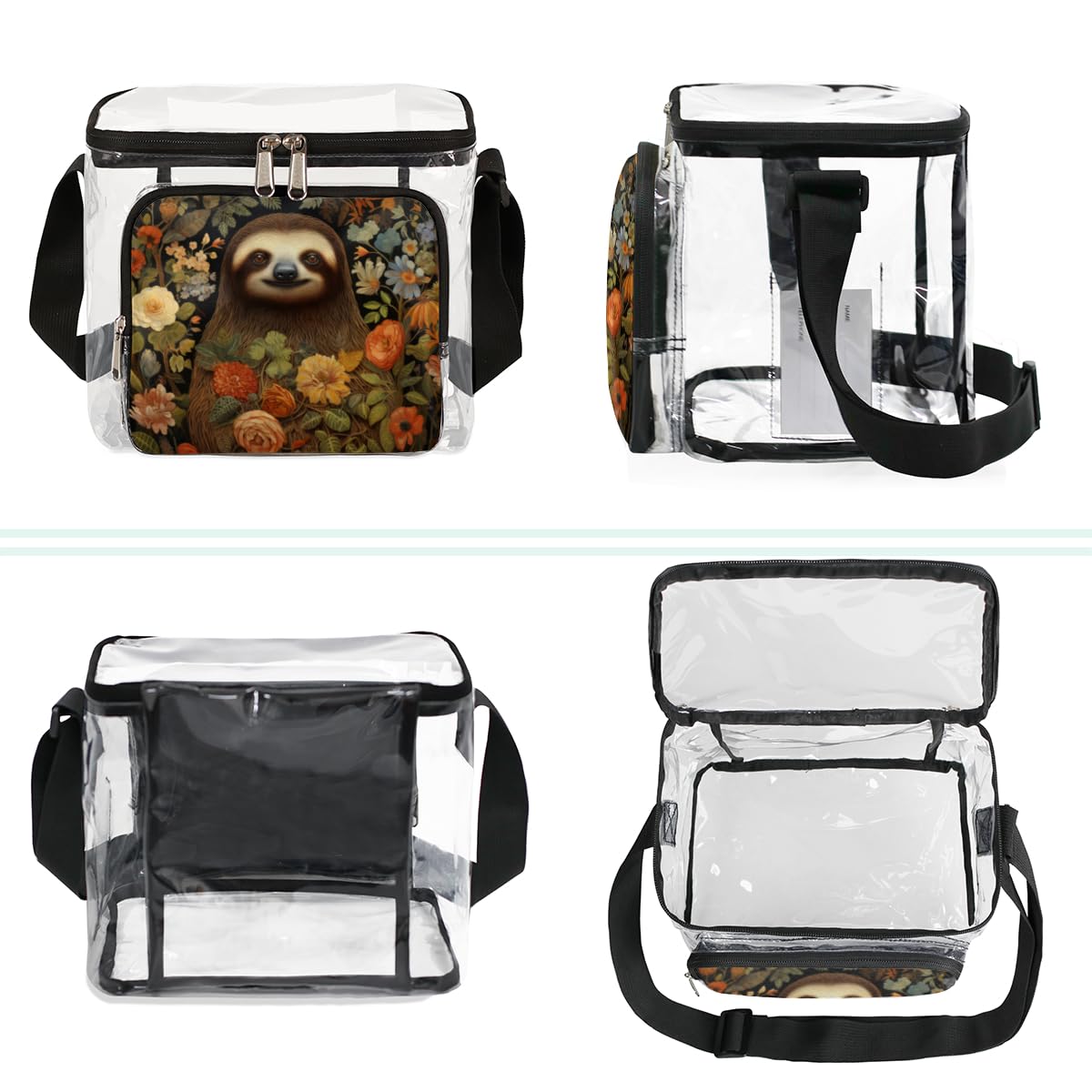 GzLeyigou Sloth Print Clear Tote Bag with Handles - Transparent Crossbody Shoulder Bag for Lunch, Outdoor, Travel, Picnic, Concerts & Sports Events | Stadium Approved Multi-Purpose Purse | Perfect for Music Festivals, Beach Trips and Theme Park Visits
