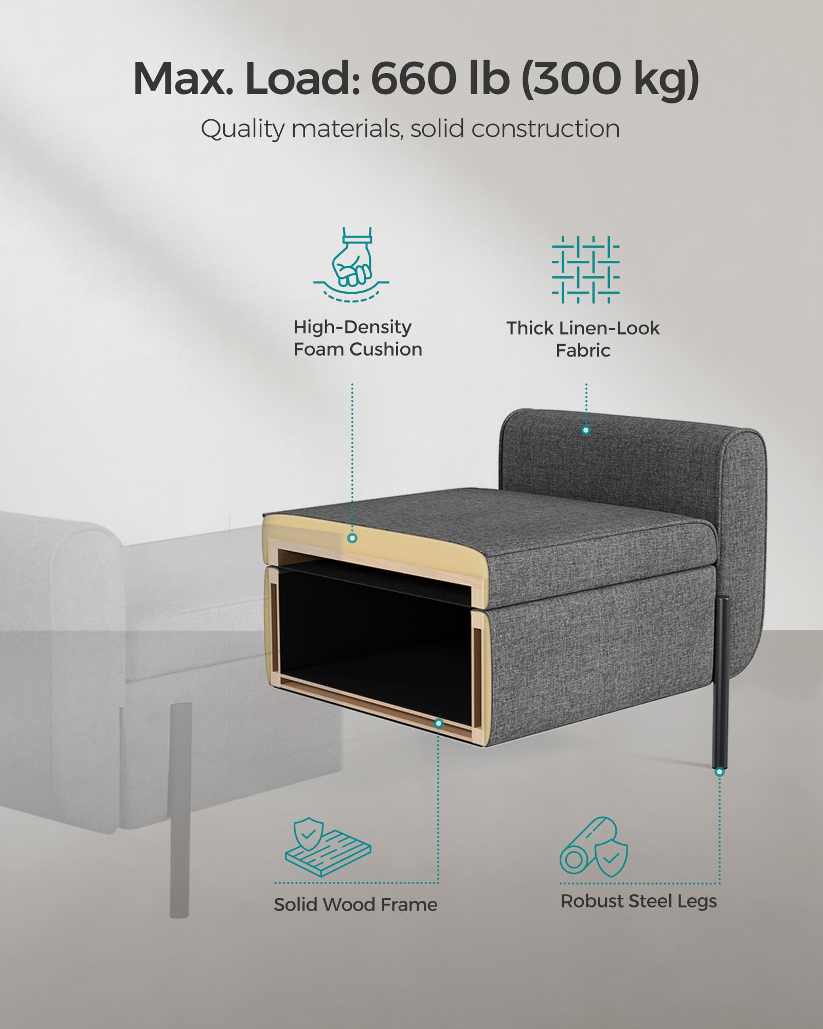 SONGMICS Storage Bench with Armrests, Dark Gray Ottoman with Hidden Storage Compartment, Sturdy Steel Legs - Perfect for Living Room, Bedroom, Entryway & Hallway Organization | Multi-Functional Seat & Storage Solution for Small Spaces