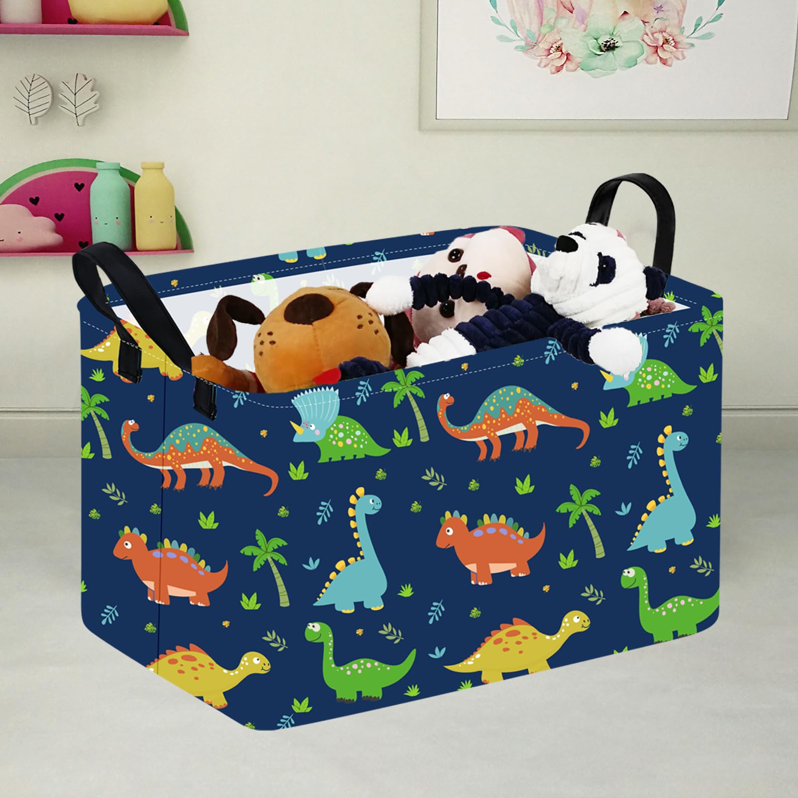 Durable Waterproof Rectangle Toy Storage Bin - Nursery Organizer, Kids Room Decor, Closet & Laundry Hamper - Perfect for Baby Gifts & Shelf Baskets (Blue Dinosaur Design) | Ideal for Playroom, Bedroom & Home Organization