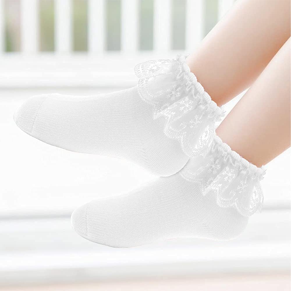 **Baby Girls' Ruffle Lace Trim Cotton Socks – Soft Princess Dress Socks for Toddlers 1-9T – Perfect for Parties, Holidays & Special Occasions**