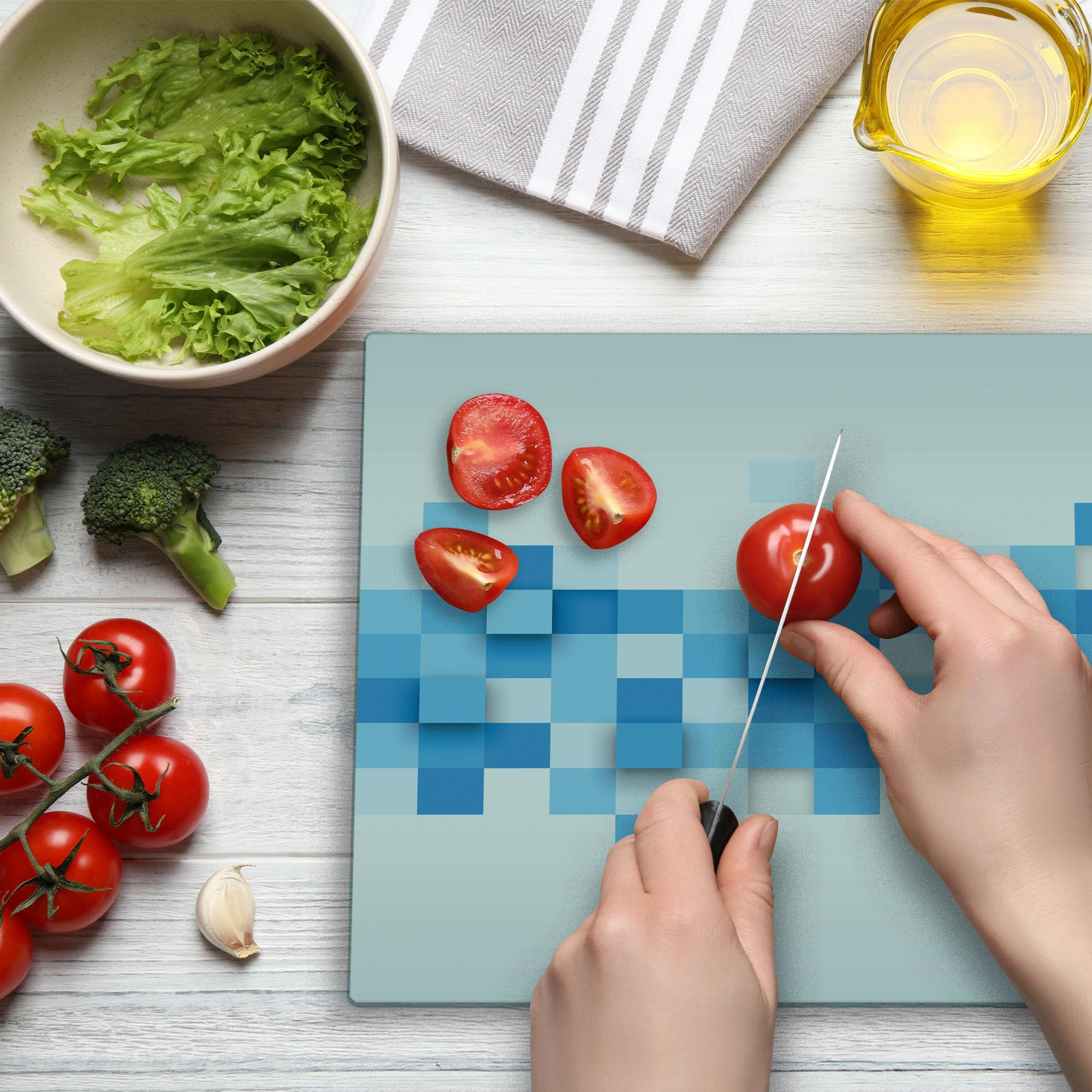 Ambesonne Abstract Cutting Board - 3D Geometric Mosaic Design, Tempered Glass Serving Board, Large Size in Pale Blue & White | Perfect for Kitchen Prep, Charcuterie Display & Modern Home Decor