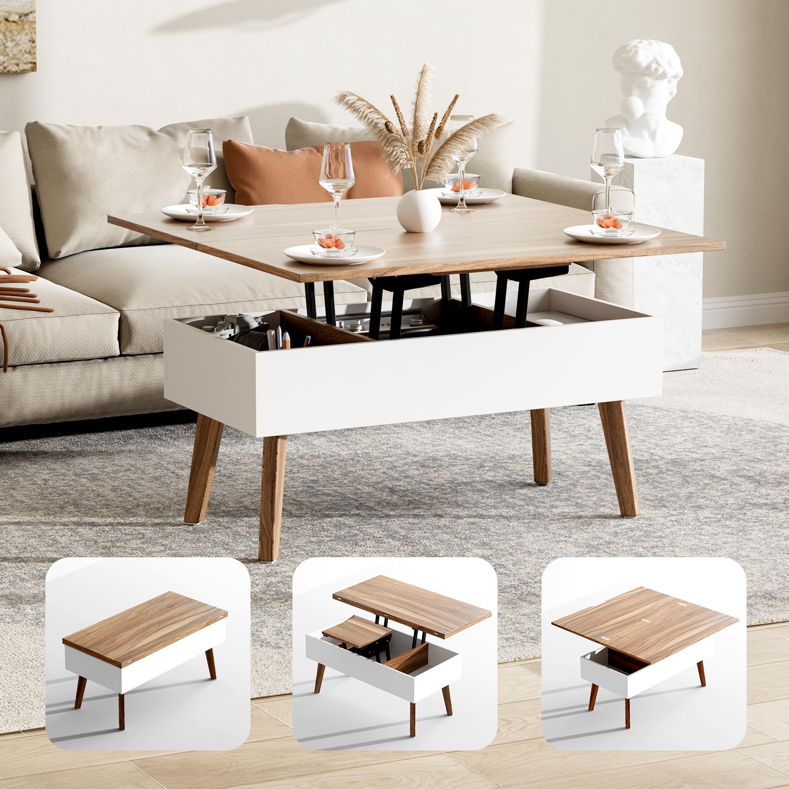 3 in 1 Lift Top Coffee Table - Easy 10-Minute Assembly, Convertible to Dining Table & Work Desk with Storage, Walnut Finish - Perfect for Small Spaces, Home Office & Living Room