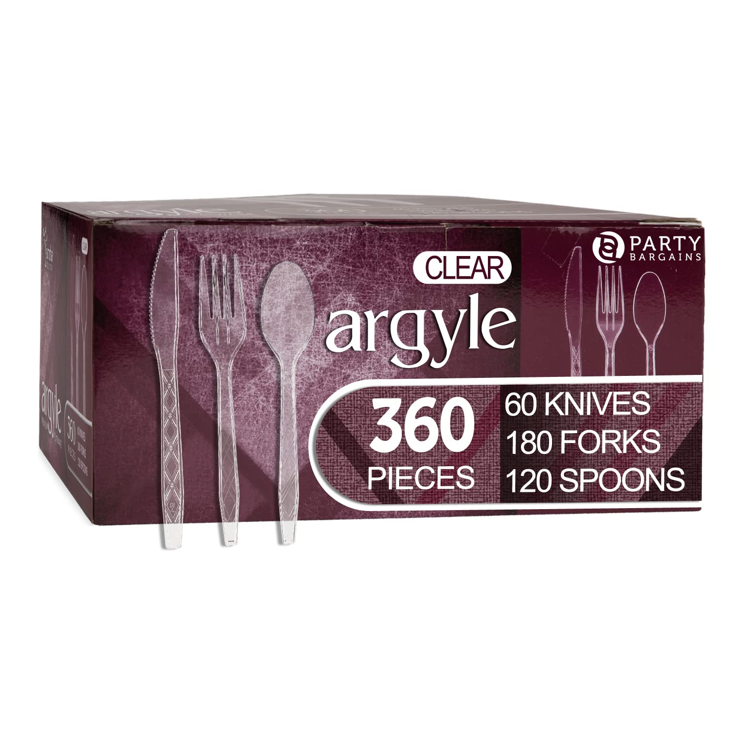 Premium Clear Plastic Cutlery Set - 360 pcs (180 Forks, 120 Spoons, 60 Knives) | Heavy Duty Disposable Silverware with Argyle Design | Ideal for Weddings, Parties, Catering & Outdoor Events