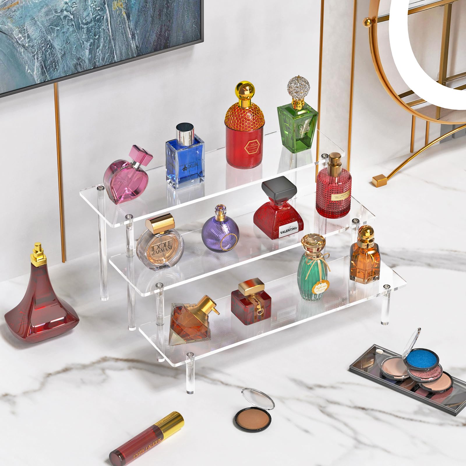3 Tier Acrylic Display Risers - Large Clear Perfume Organizer & Cupcake Stand Holder - Decorative Shelves for Figurines, Desserts, Party Decor - Perfect for Vanity, Retail Display & Home Decor (2 Pack)