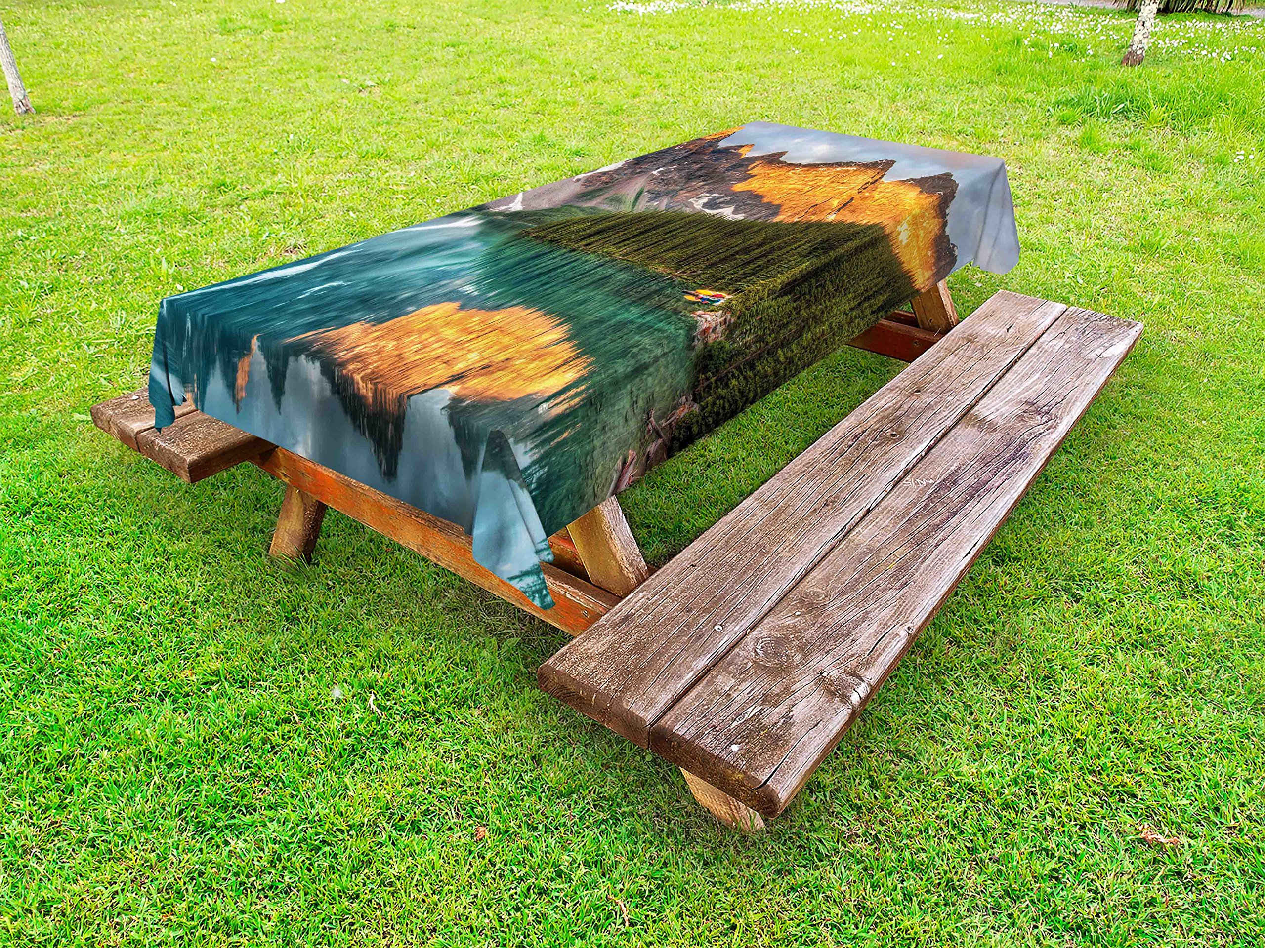 Ambesonne Waterproof Outdoor Tablecloth - Canadian Mountain Lake Scenery with Pine Forest Design, Washable Picnic Table Cover 58x84 Inches for Camping, Backyard BBQs & Patio Dining - Multicolor Decorative Tablecloth