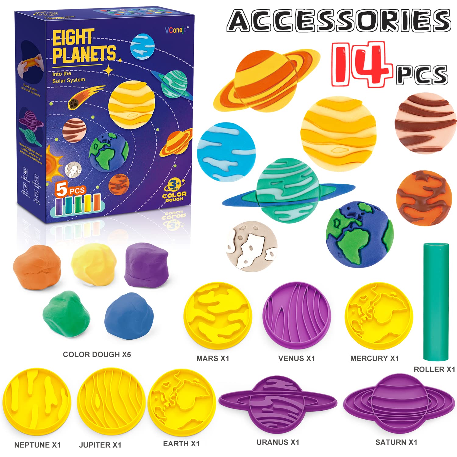 VConejo 14-Piece Planets Themed Play Dough Set for Kids Ages 2-8 - Non-Toxic Modeling Clay Kit with Tools & Accessories for Creative Play - Perfect for Preschool Learning, Sensory Development & Birthday Gifts
