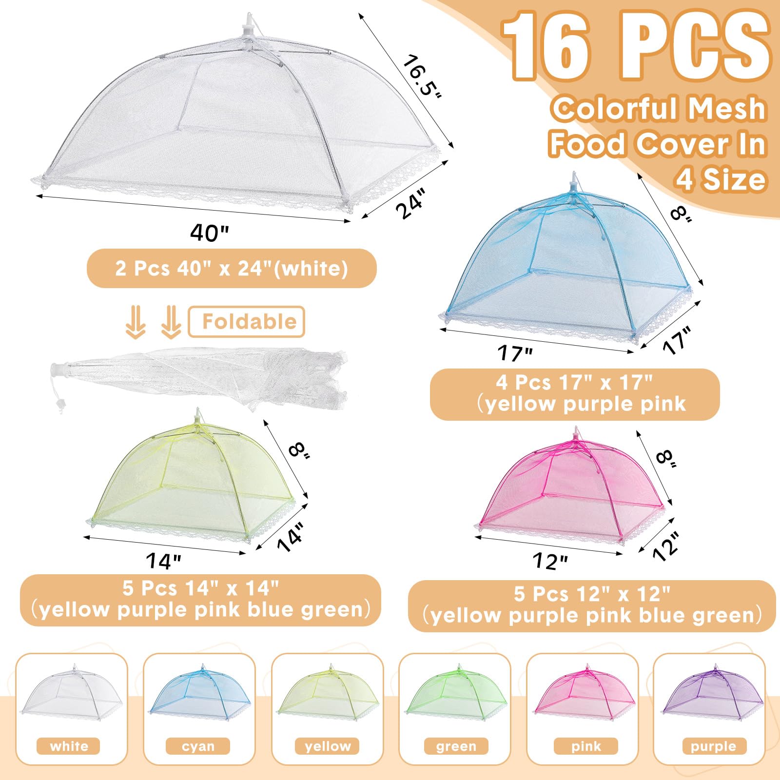 Tanlade 16-Piece Reusable Mesh Food Cover Set - Collapsible Pop-Up Food Tents for Outdoor Dining, Picnics & BBQs - Includes 2 Large (40