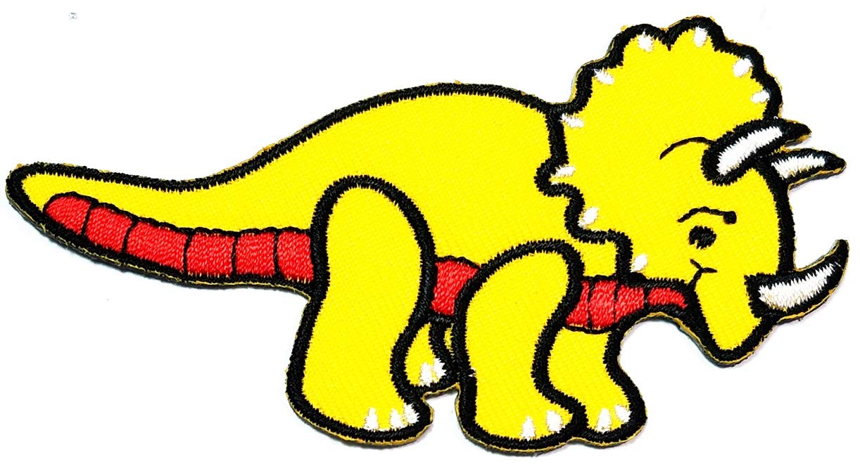 PARITA Yellow Dinosaur Triceratops Iron On Patches for Jackets, Hats & Bags - Cretaceous Cartoon Animal Embroidered Appliques for DIY Crafts, Costumes & Sewing Projects - Perfect for Kids Clothing, Backpacks & Costume Accessories