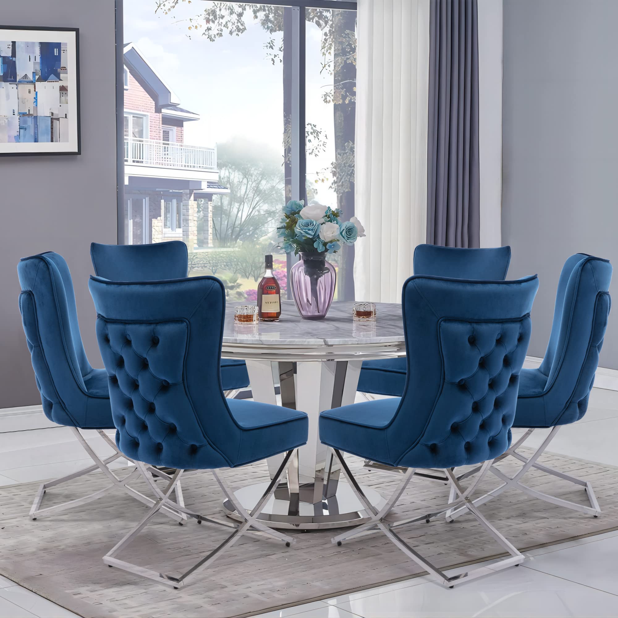 Modern Stainless Steel Legs Velvet Dining Chairs Set of 2 - Royal Blue Upholstered Button Tufted Back Chairs with Solid Piping | Elegant Dining Room Furniture for Home, Restaurant & Office Use
