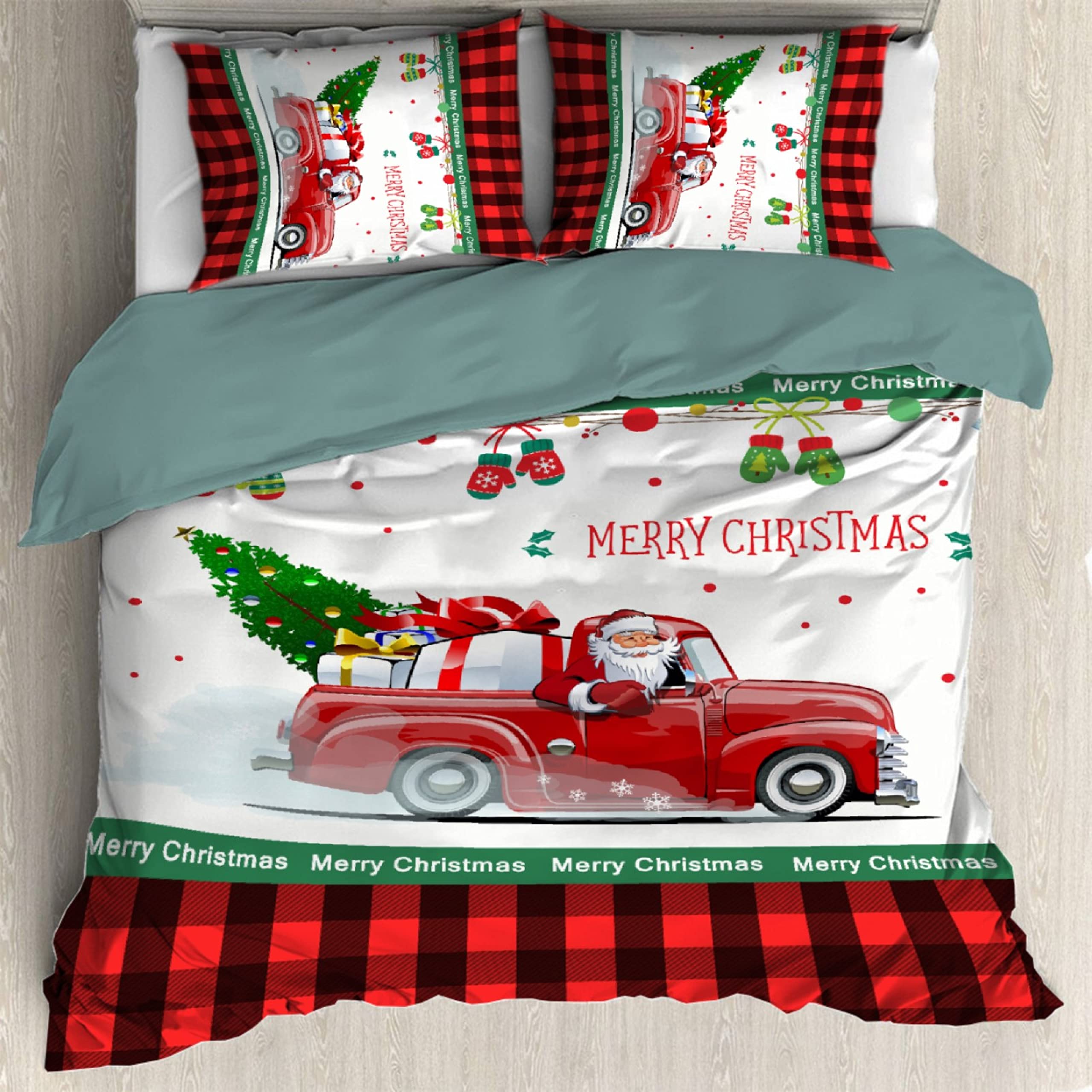 Buffalo Plaid Christmas Truck 3-Piece Duvet Cover Set (King Size) - Includes 2 Pillow Shams, Soft Microfiber Lightweight Comforter Cover with Zipper Closure - Cozy Holiday Bedding for Winter Home Decor