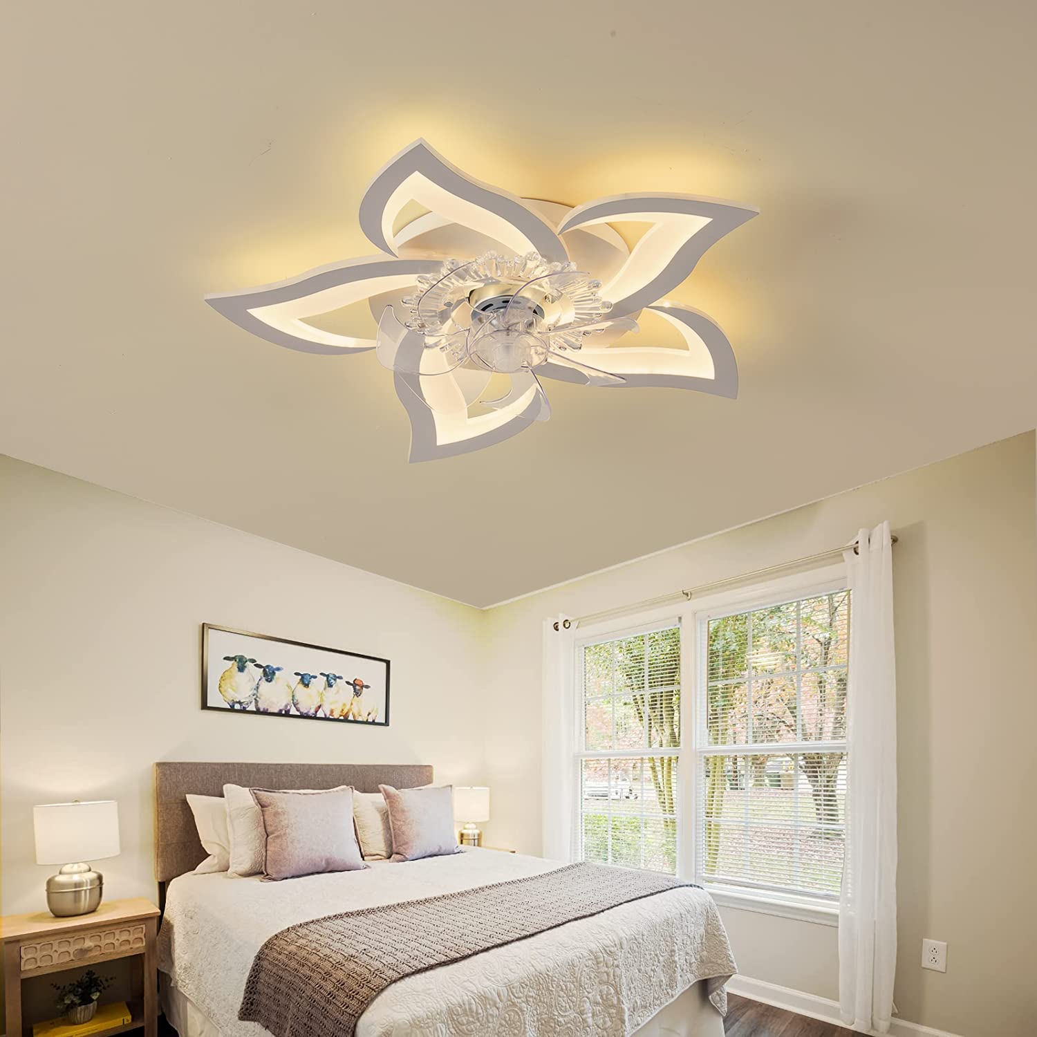 Becailyer 27-inch Modern Ceiling Fan with LED Lights - 50W Dimmable Flower Design Flush Mount Fan Light, 3 Color Temperatures & 6 Speed Settings - Perfect for Living Room, Bedroom, Office, and Indoor Spaces